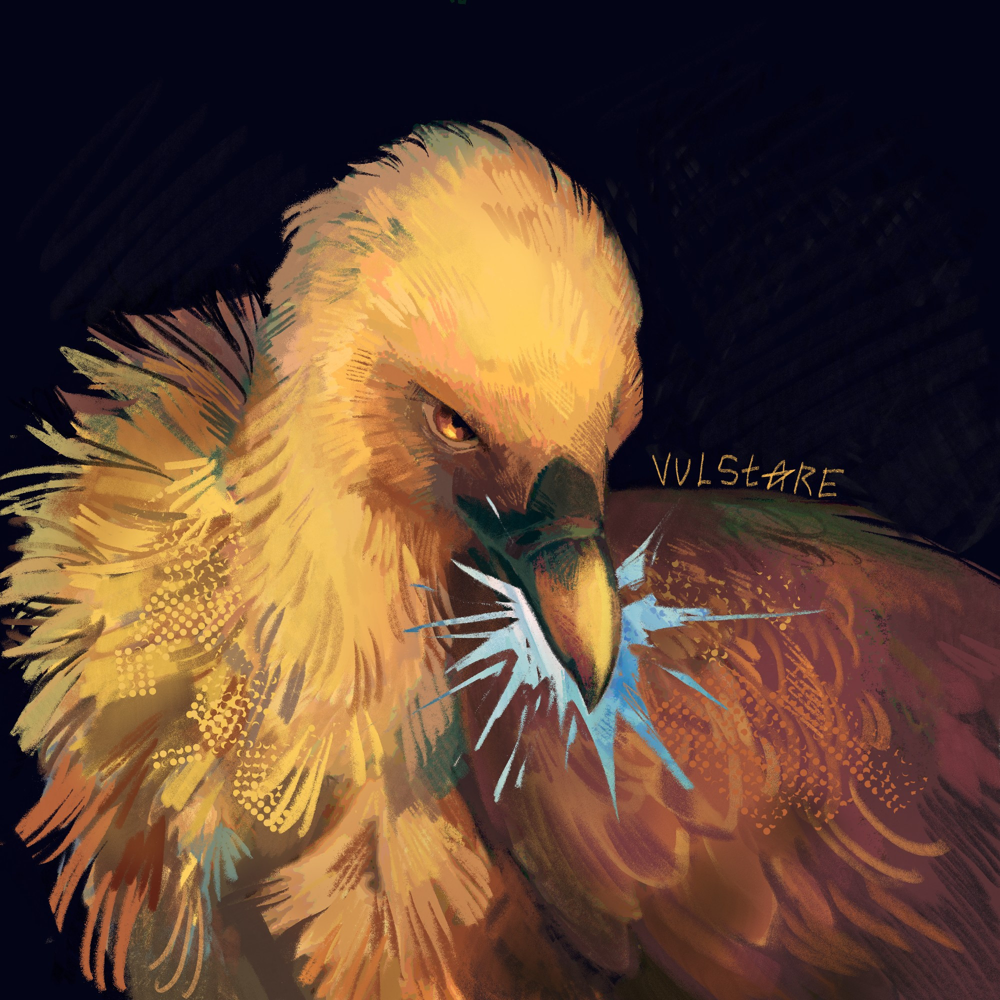 digital portrait of griffon vulture holding a blue star in its beak 