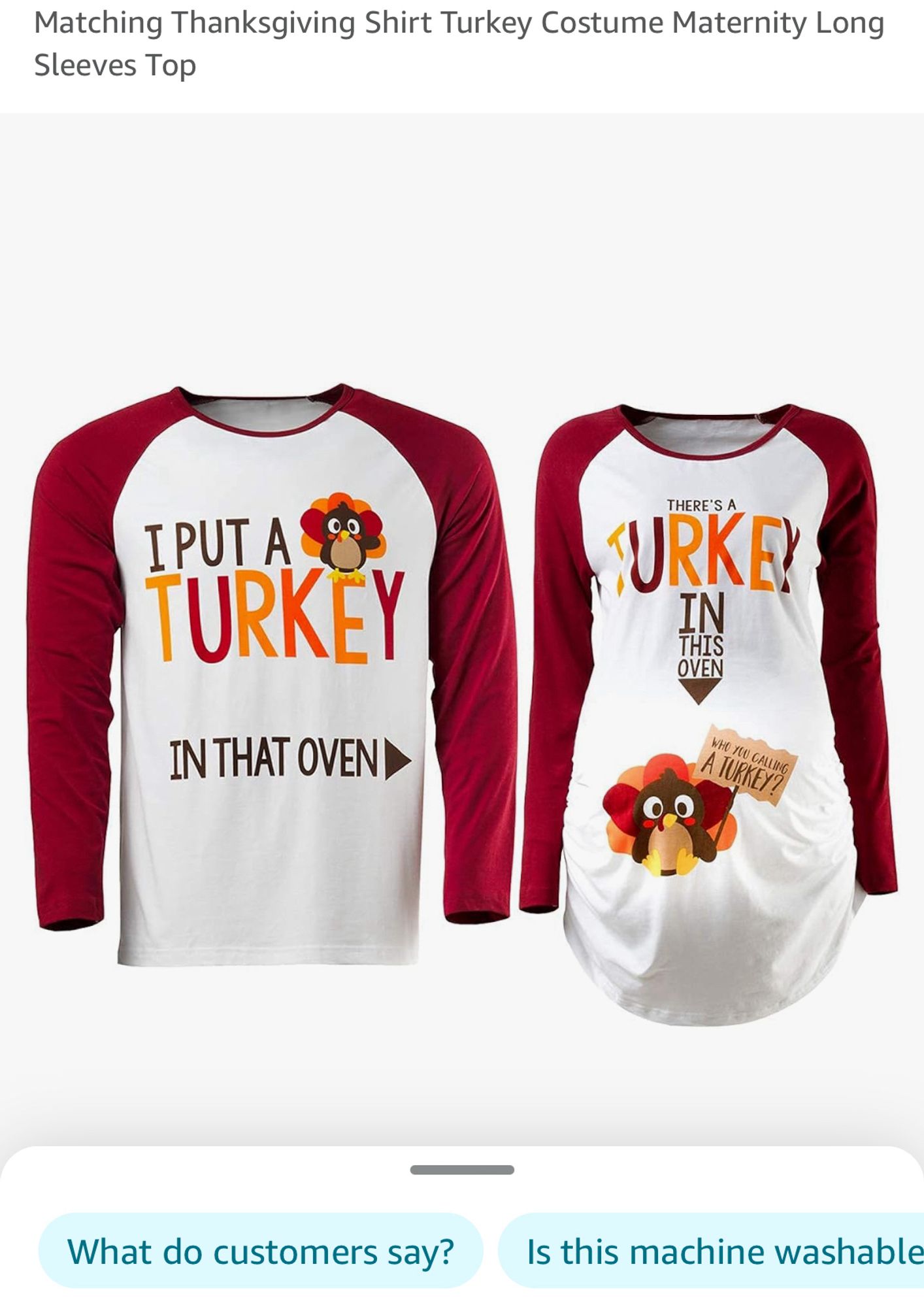 Two matching shirts on Amazon. A men’s shirt reads “I put a turkey in that oven.” A women’s maternity shirt says “Turkey in the oven.”