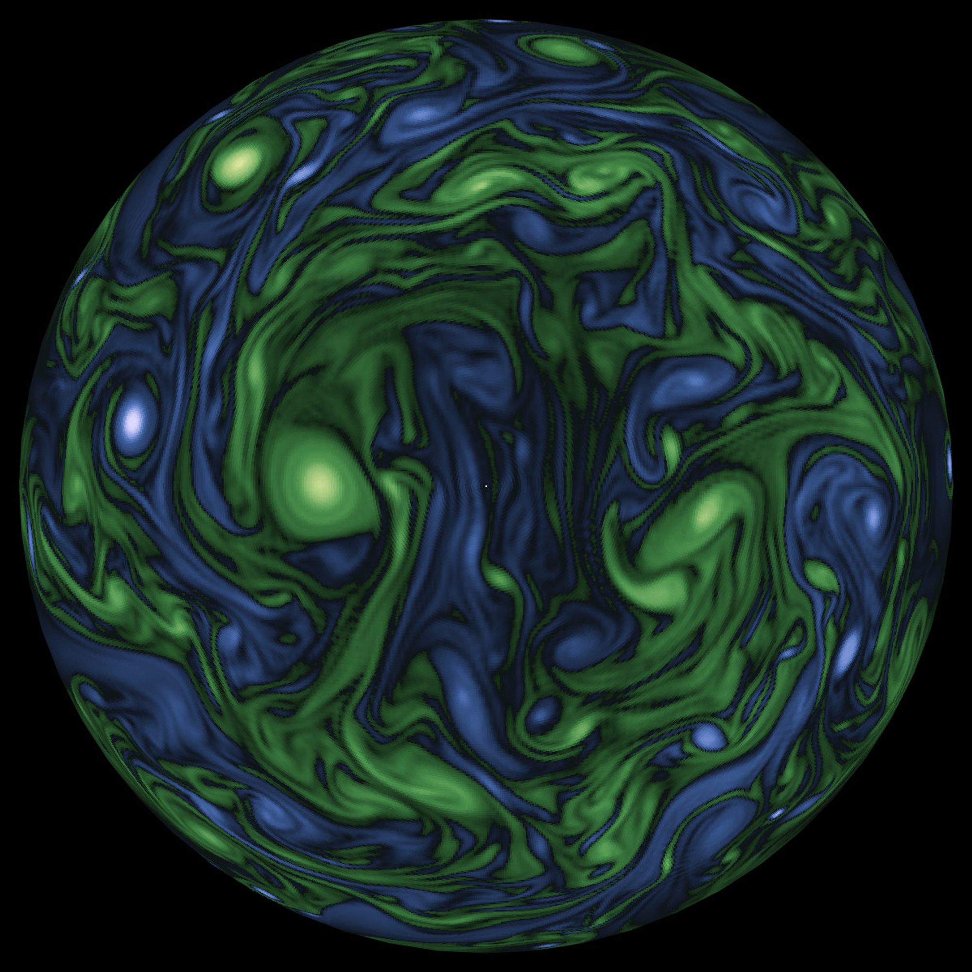 Relative vorticity of atmospheric winds simulated on the sphere.