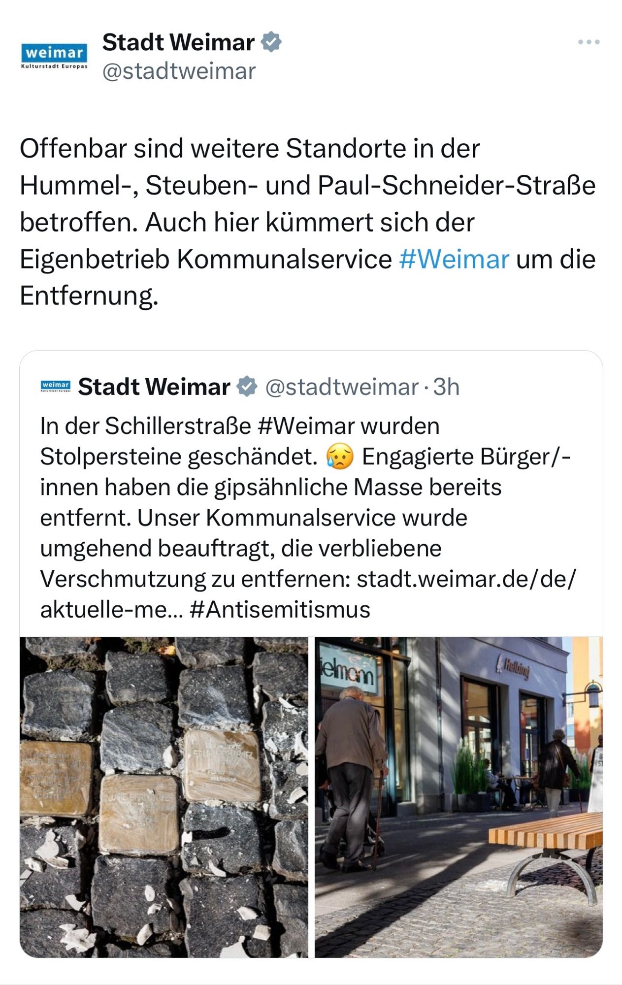 Screenshot eines X-Posts der Stadt Weimar mit Fotos geschändeter Stolpersteine in der Schillerstraße, 6.10.2023.