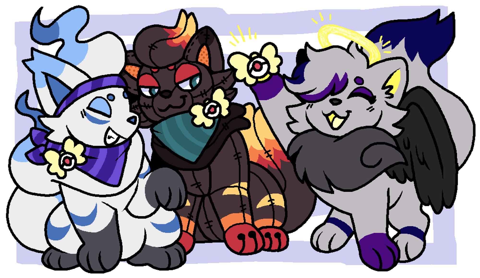 Three Zorua, Jesień (center, pronounced "yeshen"), a Zorua plush with autumnal colors, Fengari (left), a Hisuian Zorua with white and blue colors and Midnite (right), a winged Zorua with gray, purple and blue colors, proudly show off their Exploration Team badges