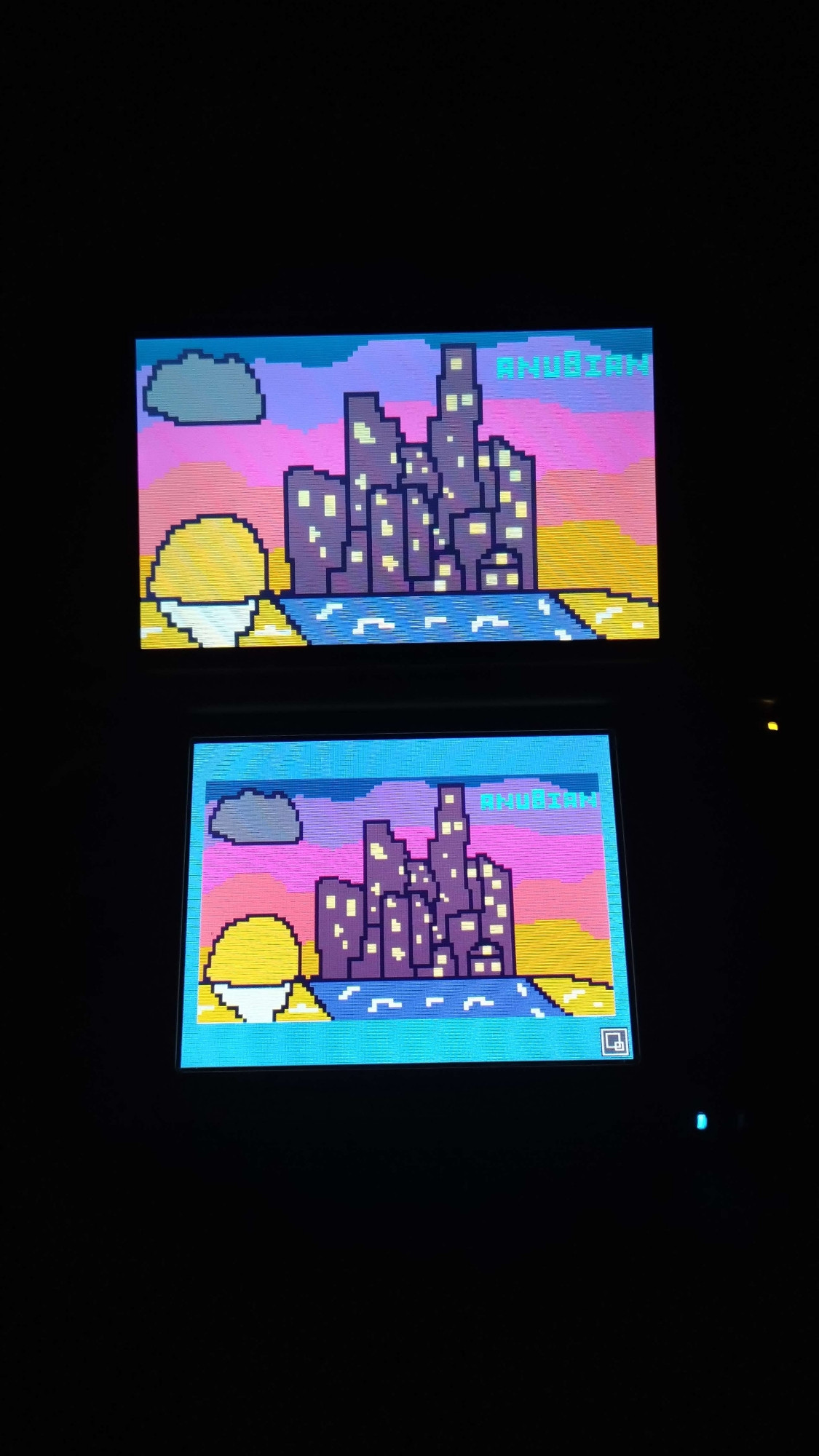 A pixel art image on a Nintendo 3DS depicting a city on the horizon backed by a sunset the city name is Sunset City