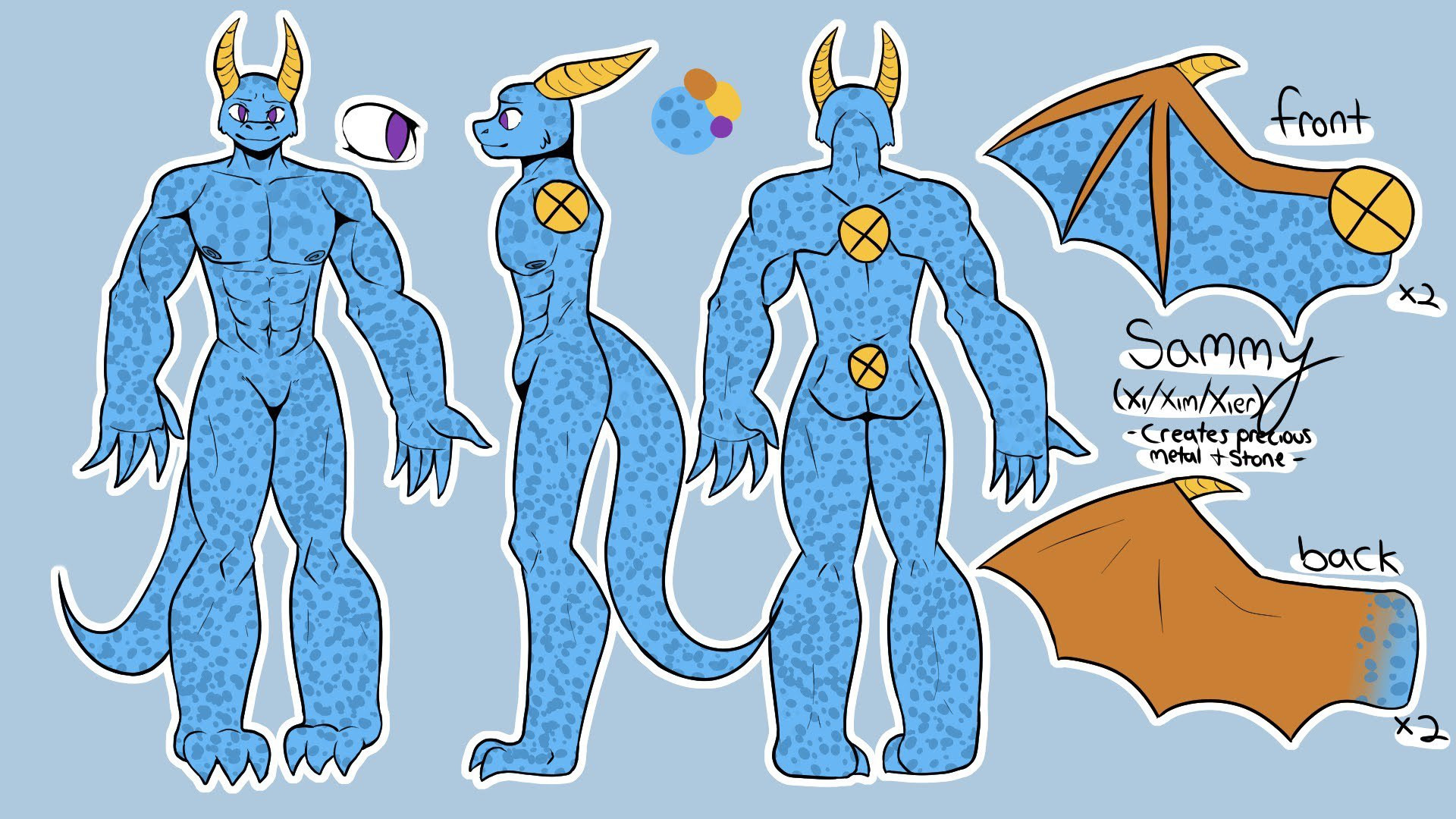 A Ref Sheet of a blue anthro Western Dragon