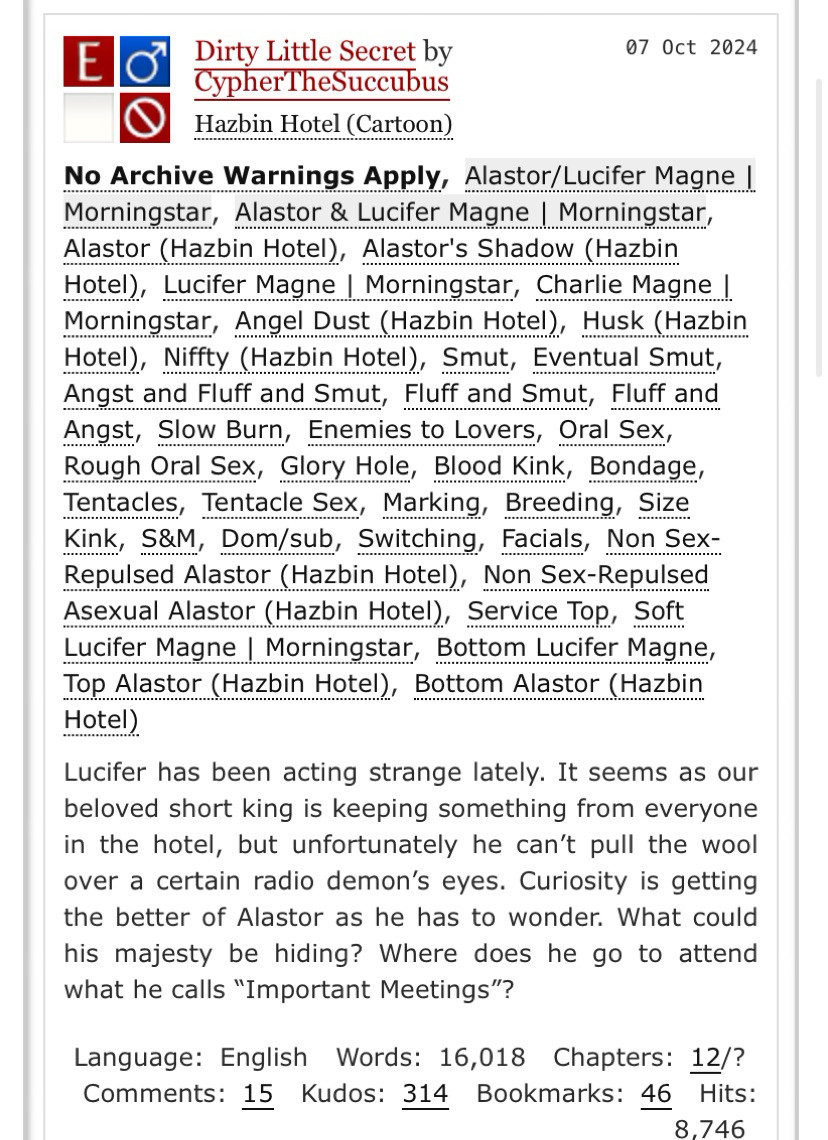 Screenshot of NSFW RadioApple Fanfiction title on AO3. “Dirty Little Secret.”