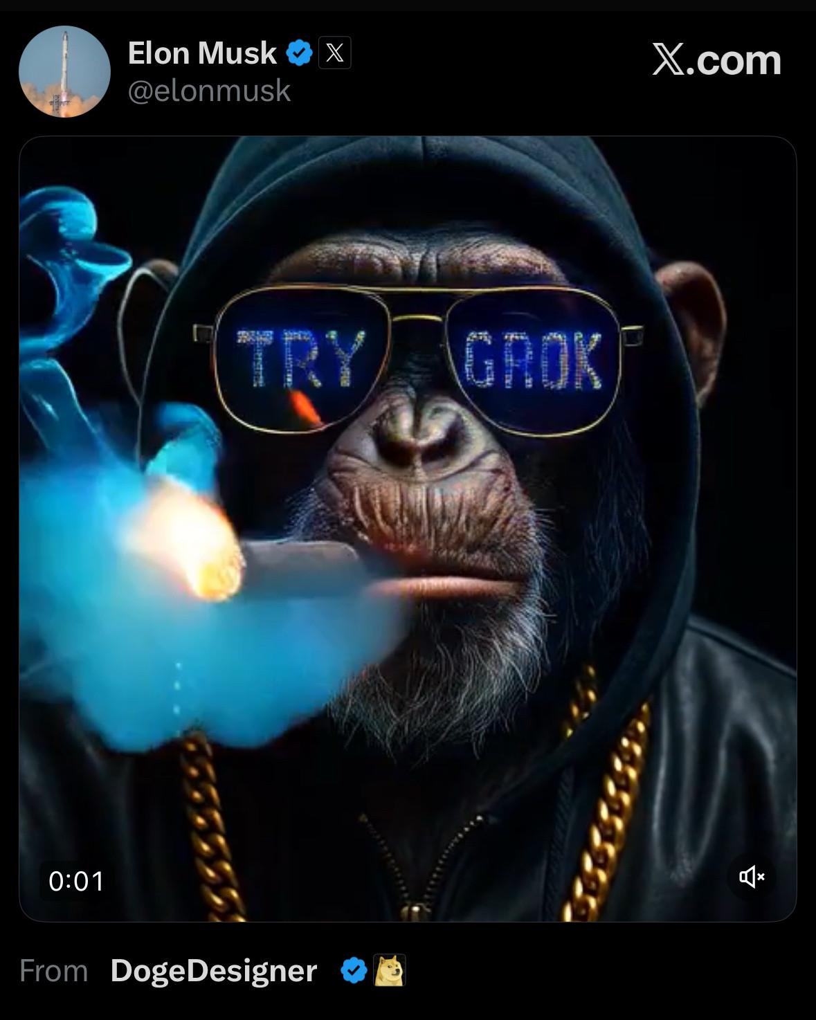 An Elon Musk tweet featuring an ai image of a monkey wearing a hoodie and a gold chain that somehow exists both inside and outside the hood. The monkey is smoking a cigar and also wearing sunglasses emblazoned with the words TRY GROK and it’s all very cool 