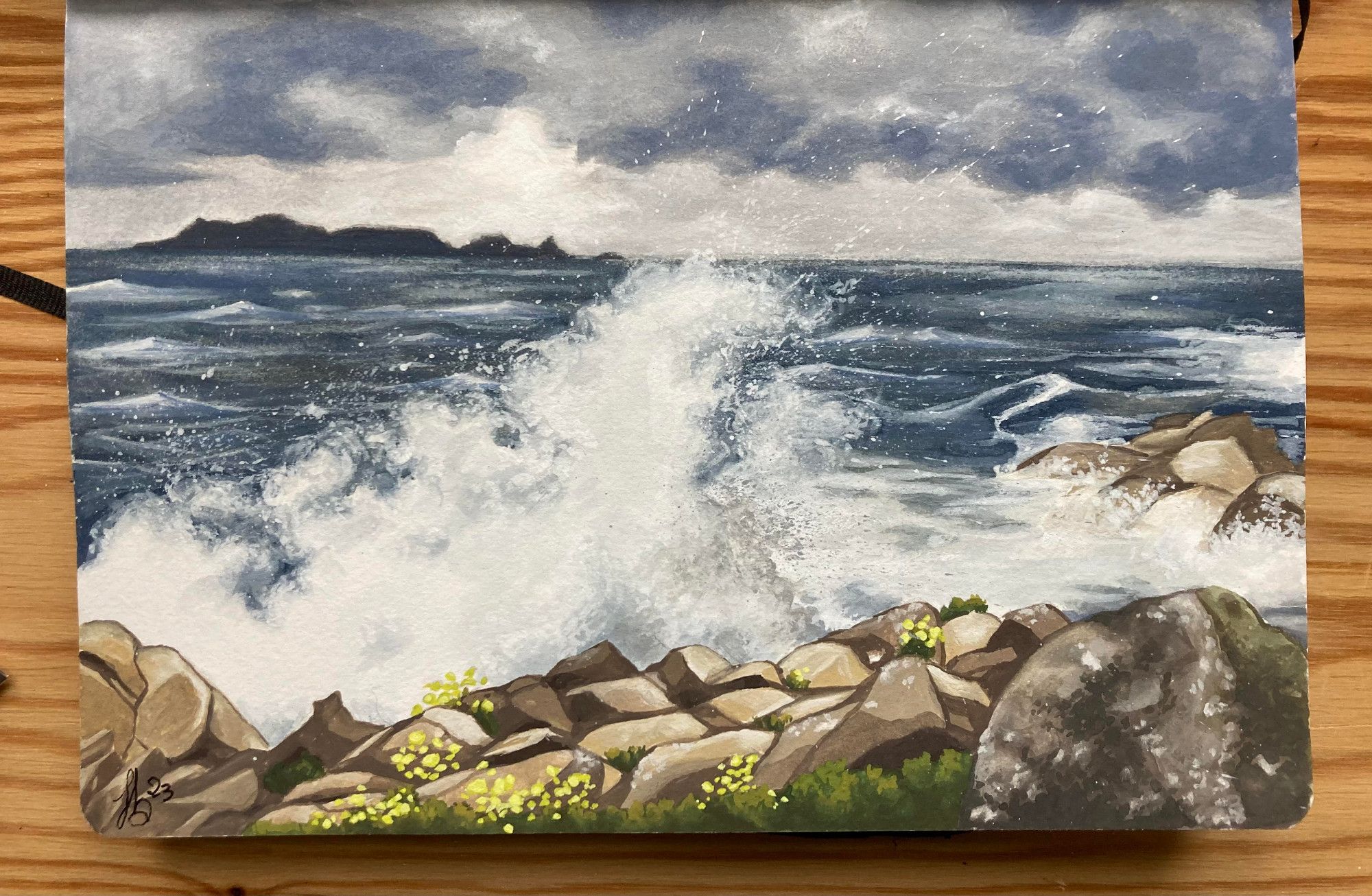 A landscape of a sea shore during a storm, painted with gouache on paper. There is a big wave splashing over some rocks ; a distant island and a grey cloudy sky can be seen in the background.