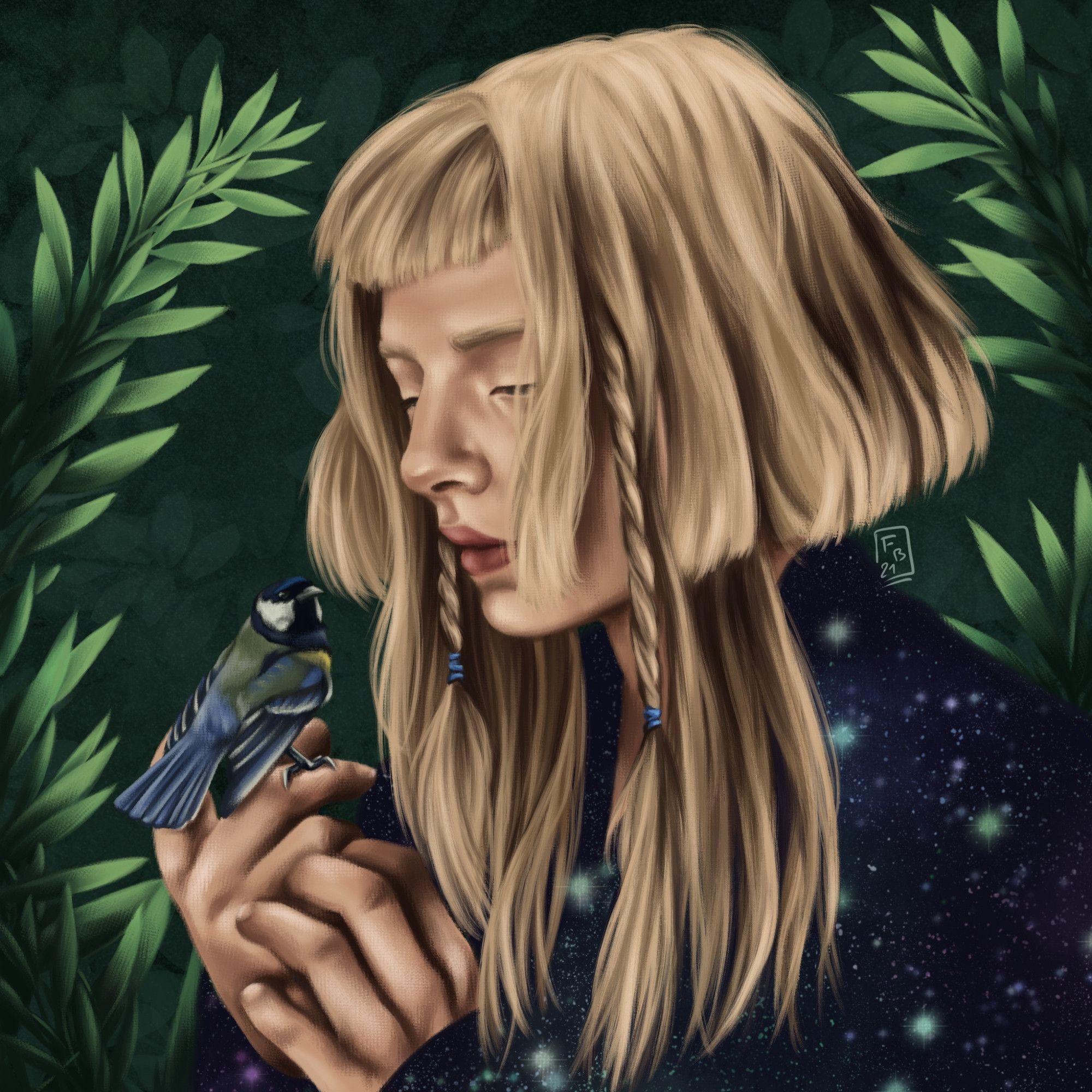 A digital paint portrait of the singer AURORA looking at a blue tit that is perched on her hands. The background is dark green with lighter green plants.