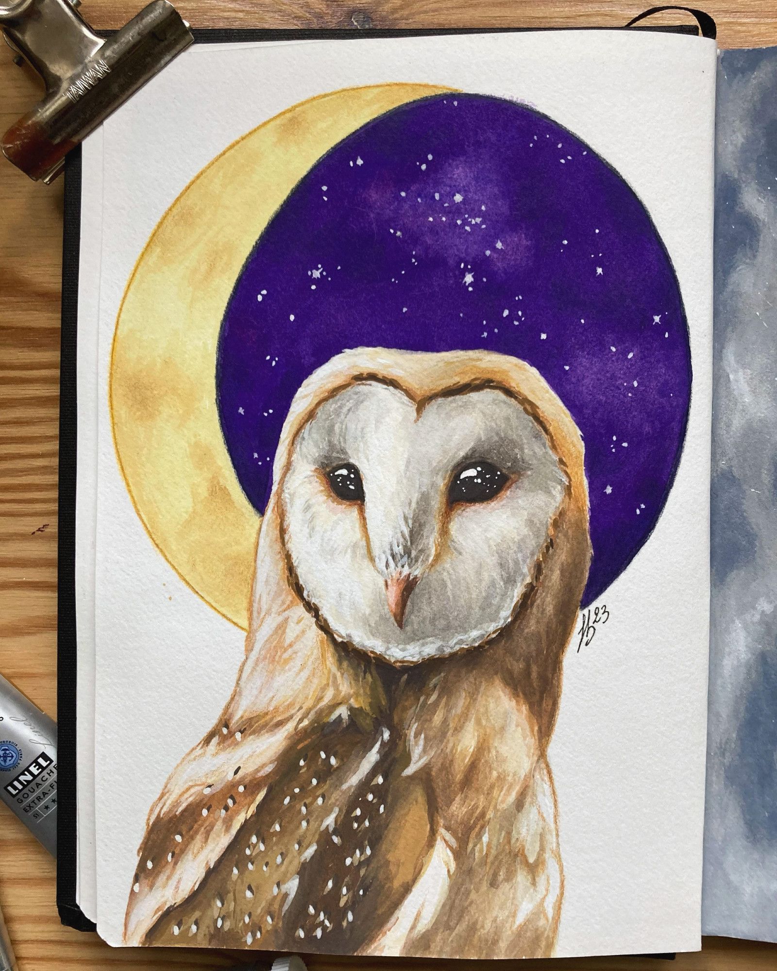 A realistic gouache painting of a barn owl, in front of a circle filled with a crescent moon and a starry night sky.