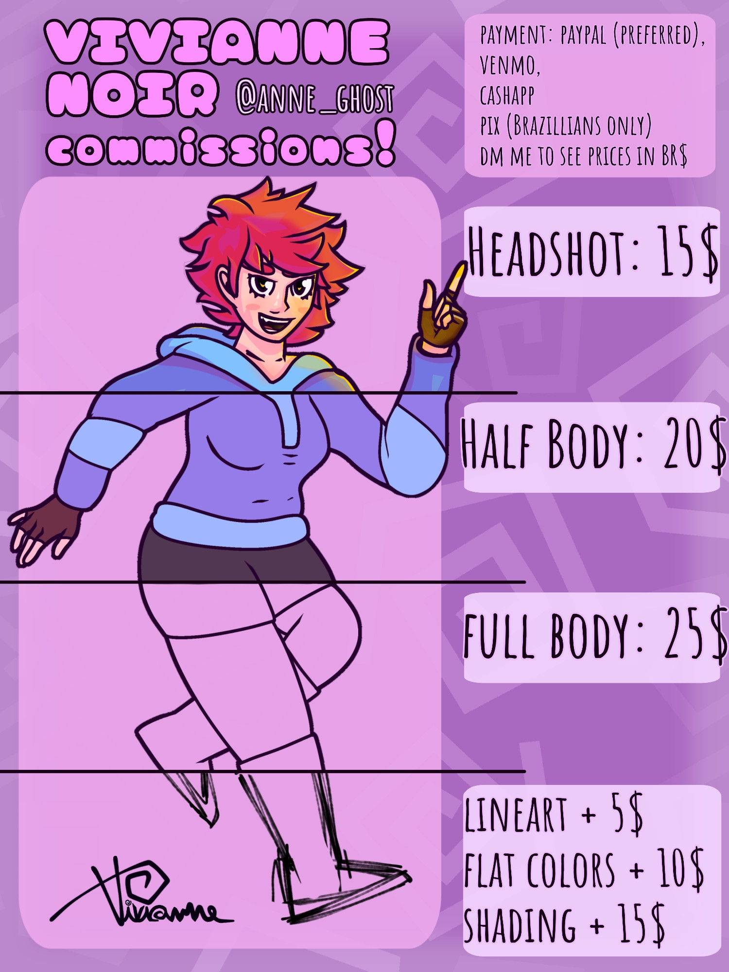 Commission sheet of a character showing examples for "Full body" for 25$ "Half Body" for 20$ and "Headshot" for 15$, as well as different stages of the drawing like sketch, lineart, flat colors and shading