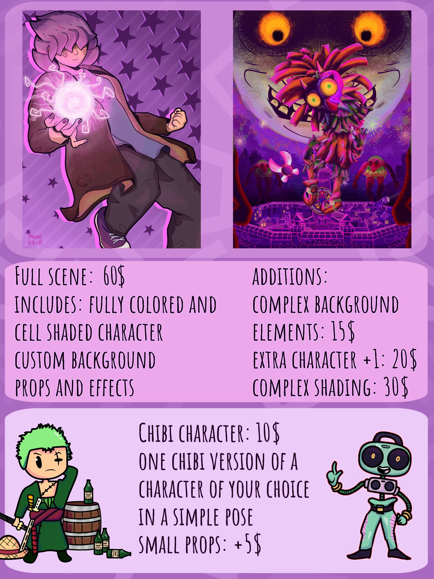 Commission sheet showing two high quality drawings, one of an Original Character and another of Skull Kid from Legen of Zelda Majora's Mask, includes information on commission prices and two small chibi characters advertising 10$ chibi drawings