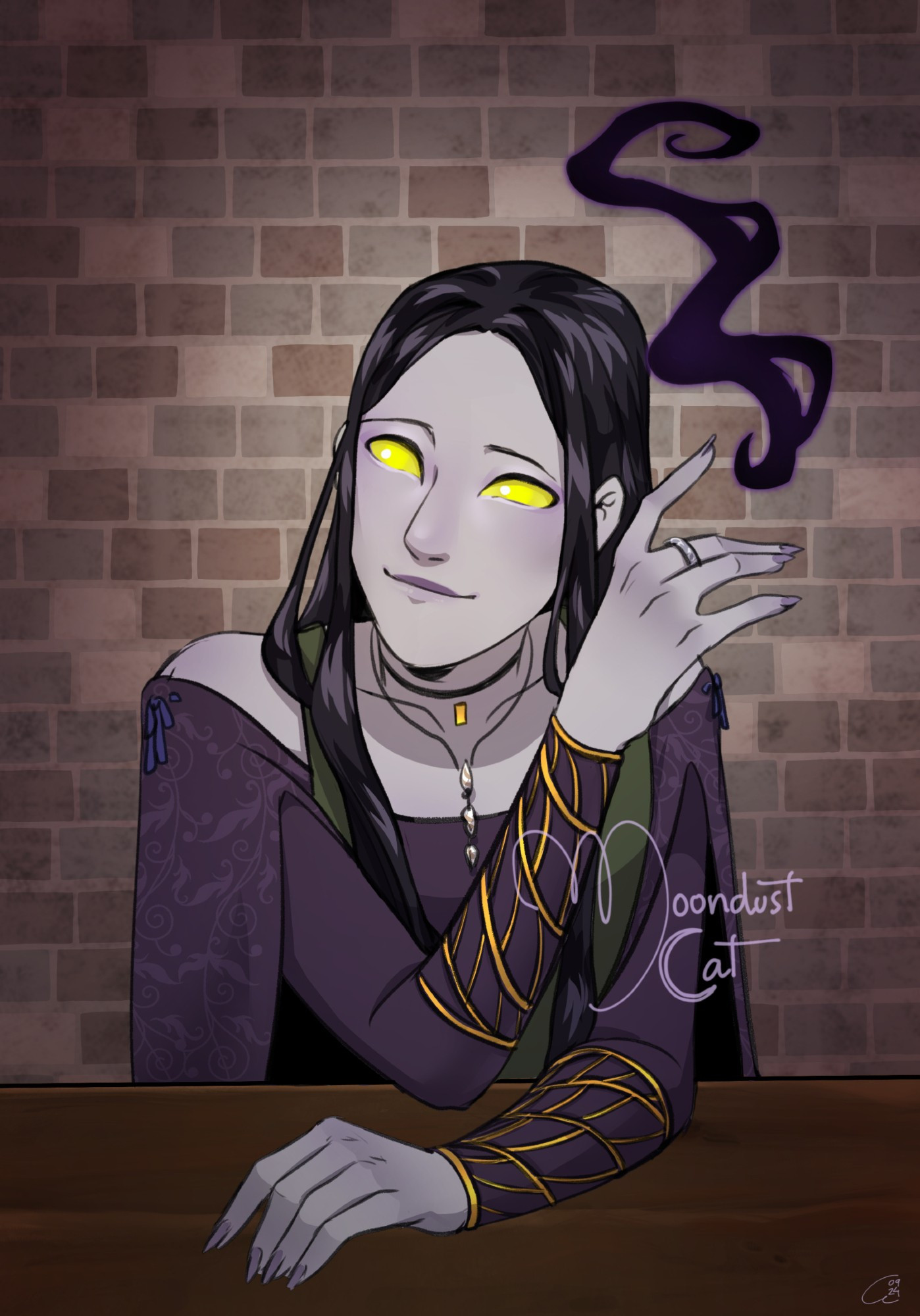 Illustration of a woman with pale purplish grey skin and bright yellow eyes. There is a brick wall behind her and a swirl of dark magic from a raised hand. The other arm is rested on the table. She has long dark hair and shiny golden filigree bracers.