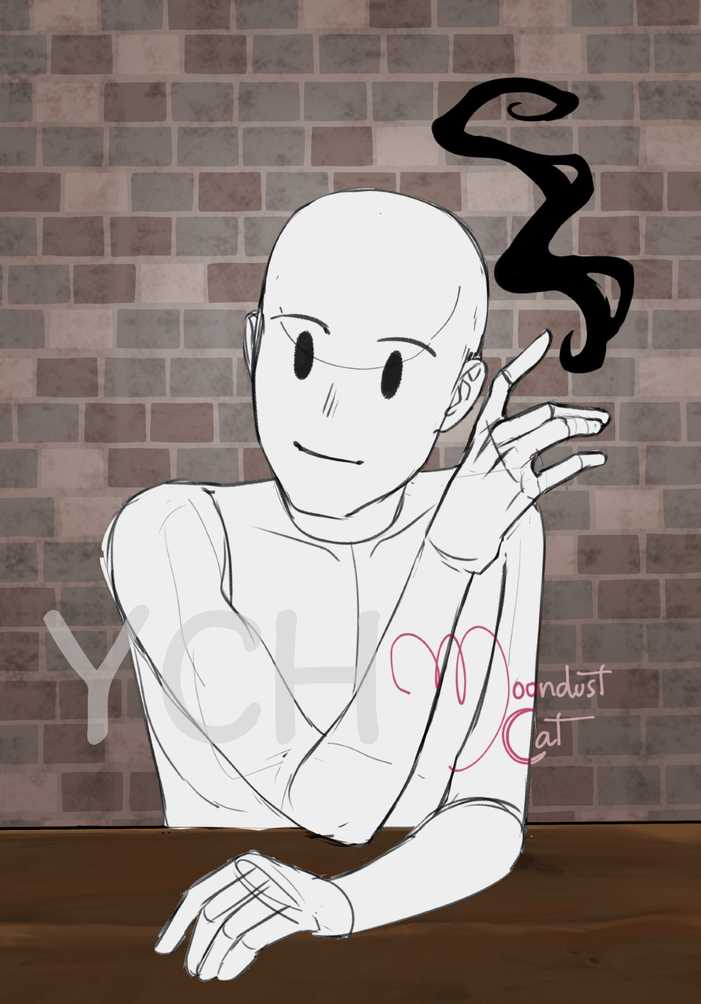 Drawing of a slightly creepy looking dummy as a placeholder for a character. There is a brick wall behind it and a swirl of magic from a raised hand. The other arm is rested on the table.