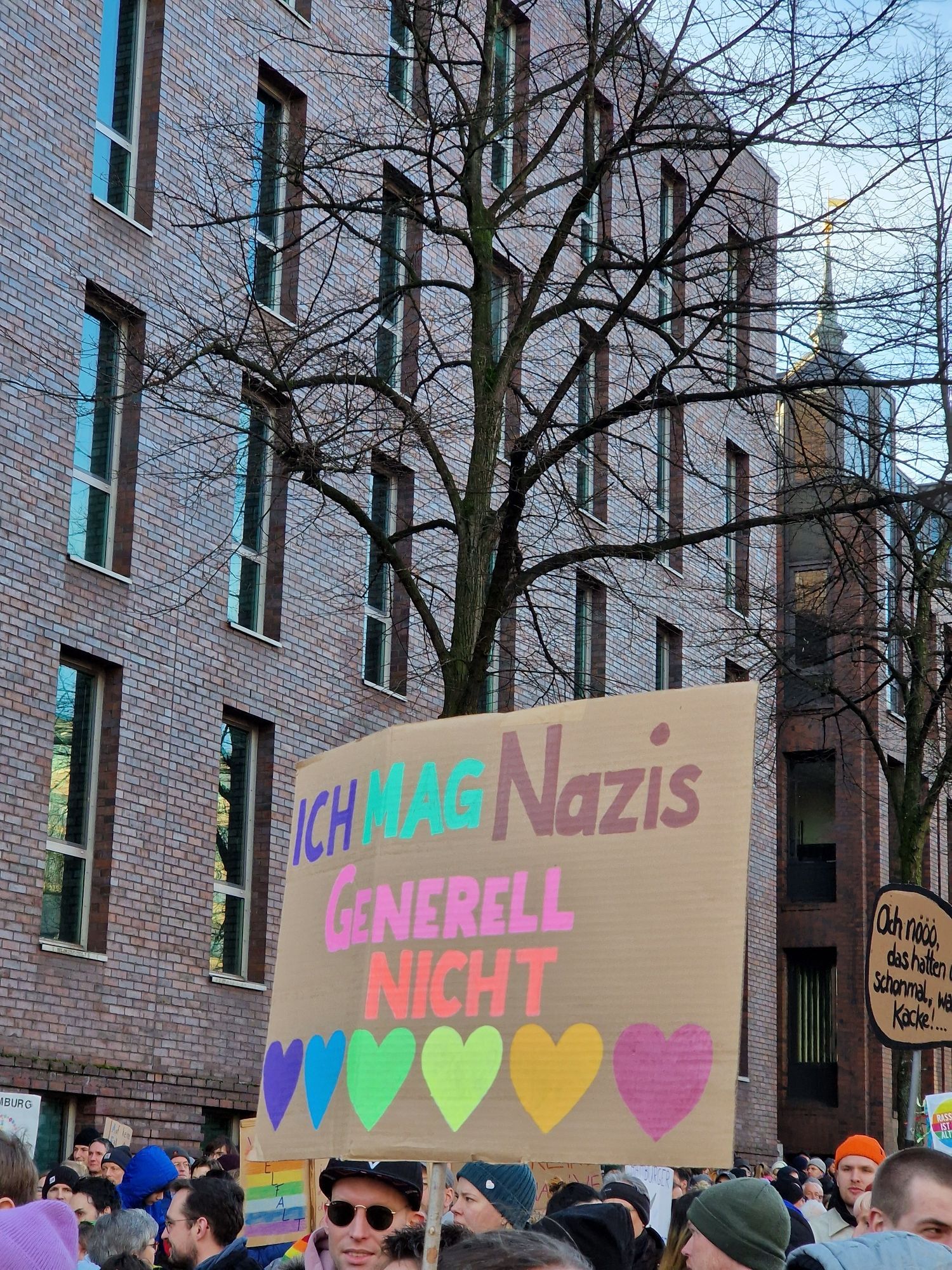 Ein Schild mit der Aufschrift: 
Ich mag Nazis generell nicht 
Ich in blauer Schrift, mag in hellgrüner Schrift, Navis in braun, generell in rosa und nicht in hellrot geschrieben