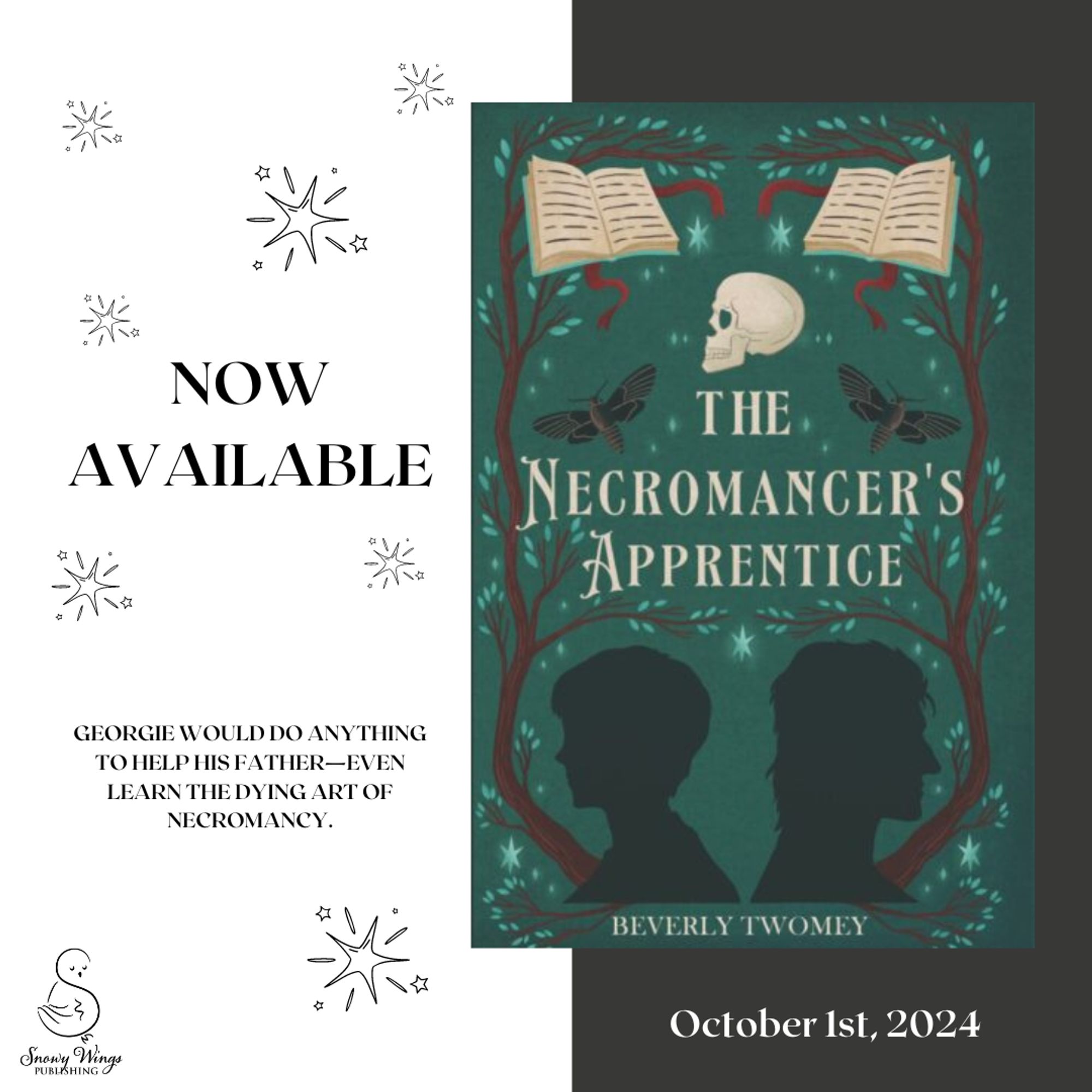 Image: Book cover for The Necromancer’s Apprentice by Beverly Twomey on a green and white background.

Text: NOW AVAILABLE: The Necromancer’s Apprentice by Beverly Twomey!! 

"Georgie would do anything to help his father—even learn the dying art of necromancy."