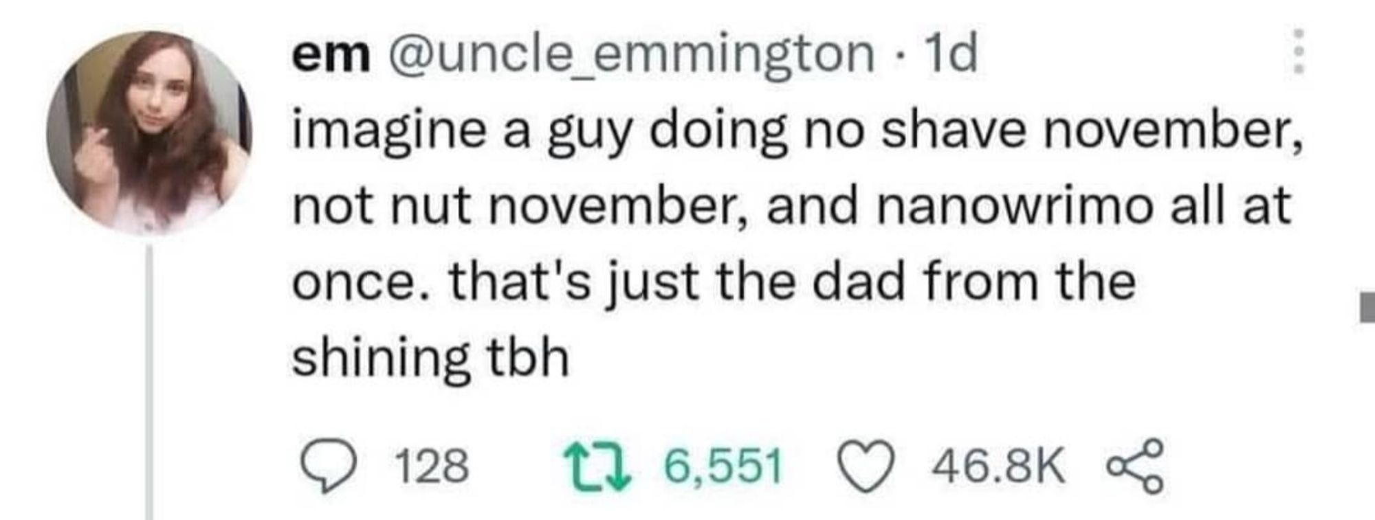 Tweet from em @uncle_emmington

Imagine a guy doing no shave november, no nut november and nanowrimo all at oncd. That's just the dad from the shining tbh