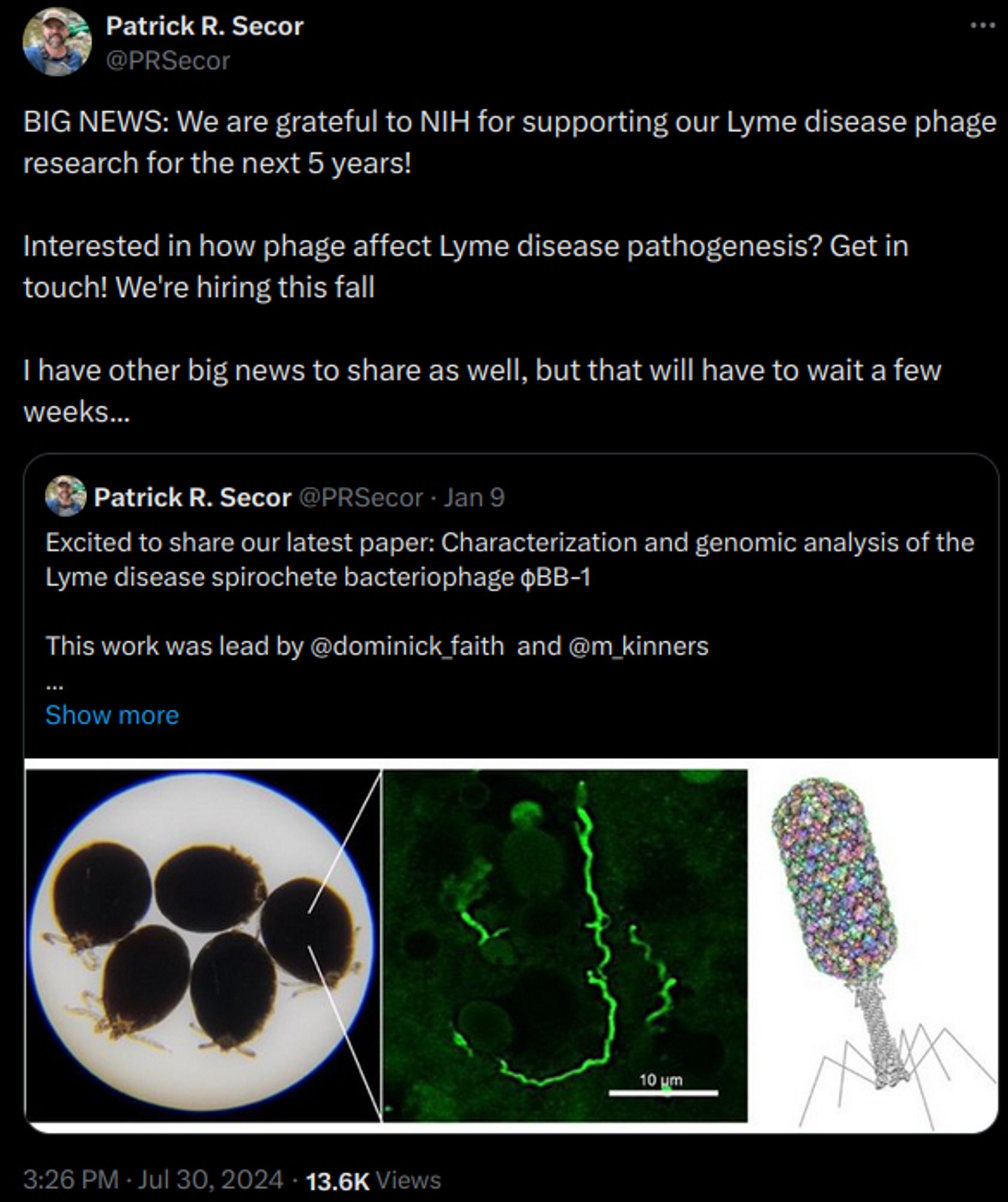 Image grabbed from twitter from account @PRSecor
He'll be looking for phage researchers to study lyme disease pathogenesis soon.