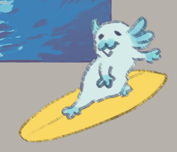 A crude sketch of my sea critter on a yellow surfboard.