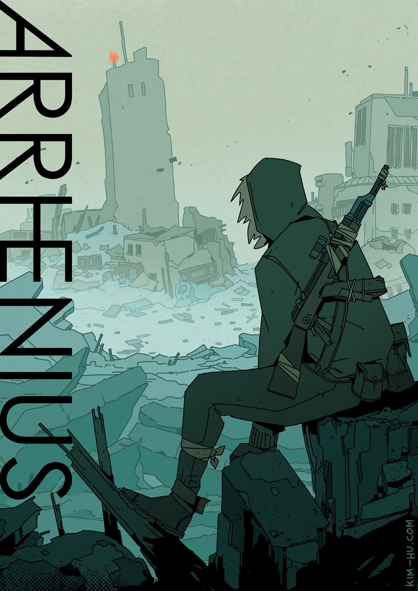 A solitary figure in the foreground sits on some rubble. They have a broken rifle slung over their back and overlook a destroyed city.