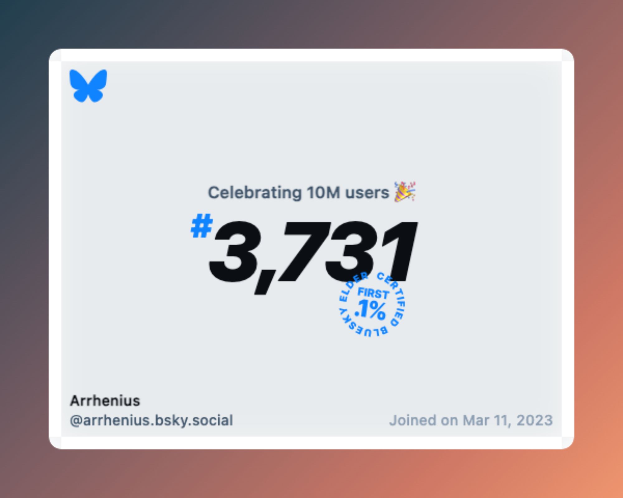 A virtual certificate with text "Celebrating 10M users on Bluesky, #3,731, Arrhenius ‪@arrhenius.bsky.social‬, joined on Mar 11, 2023"