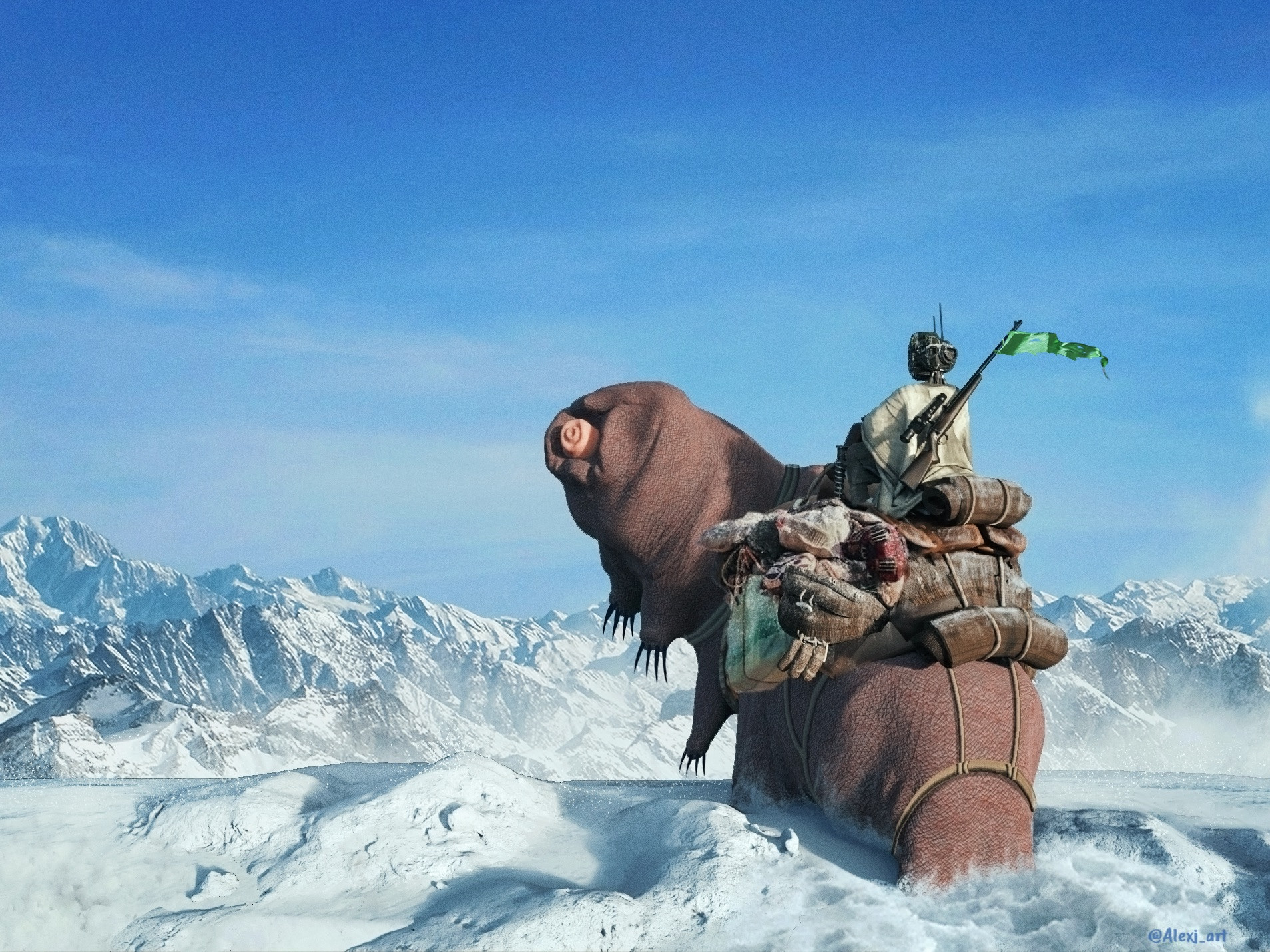 A synthetic human surveys of frozen wasteland from a top, a gigantic tardigrade mount