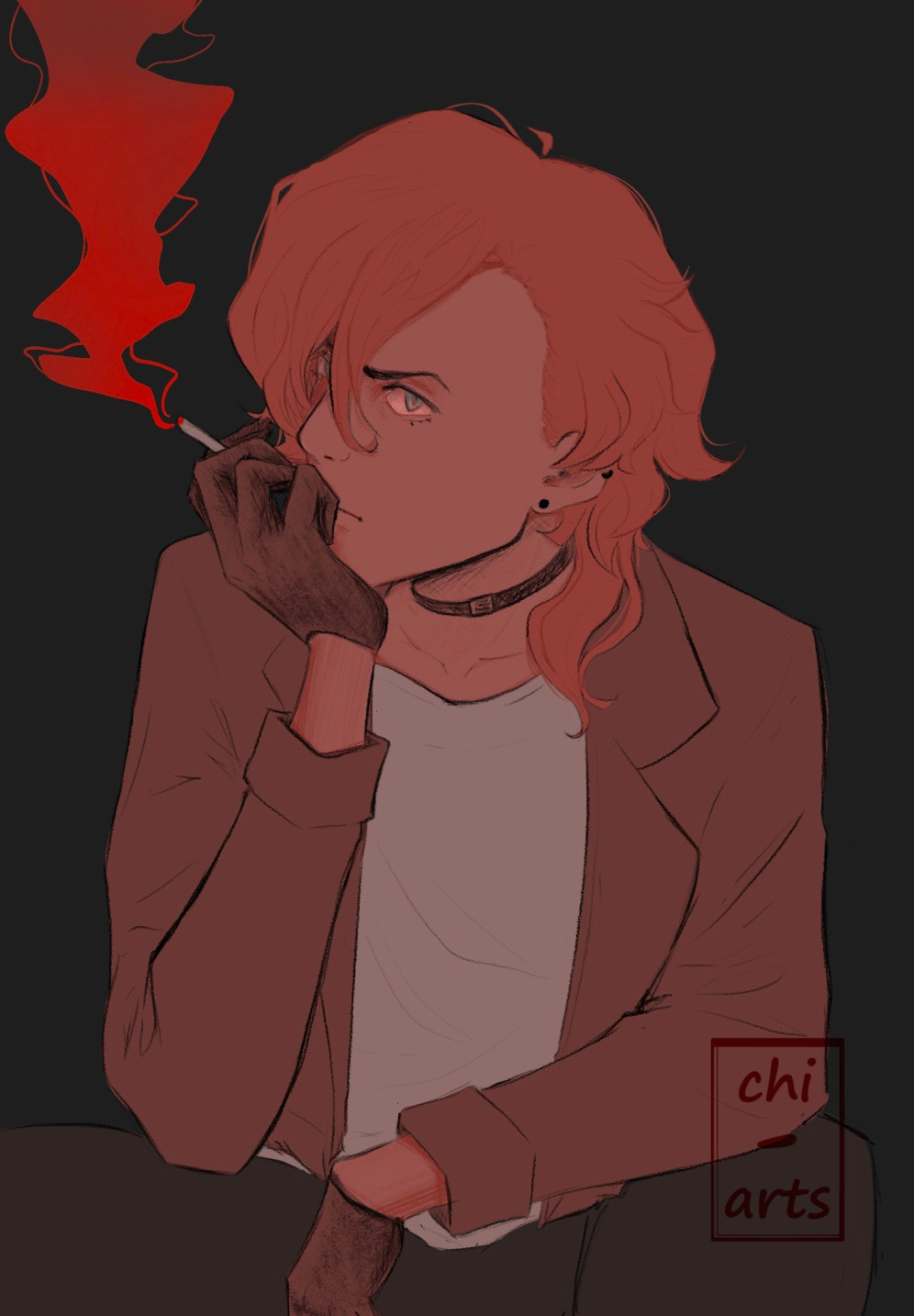 A digital drawing of Chuuya Nakahara from the anime Bungo Stray Dogs. He is crouching and resting his head on his hand, the hand is holding a lit cigarette with bright read smoke. His head is turned to the side but he is looking at the "camera" with a scowl.