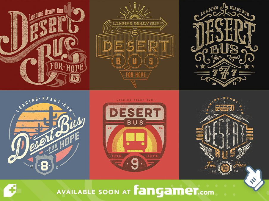 This is a graphic depicting a grid of six t-shirt designs for the Desert Bus For Hope charity marathon, with the text 'available soon at fangamer.com' at the bottom