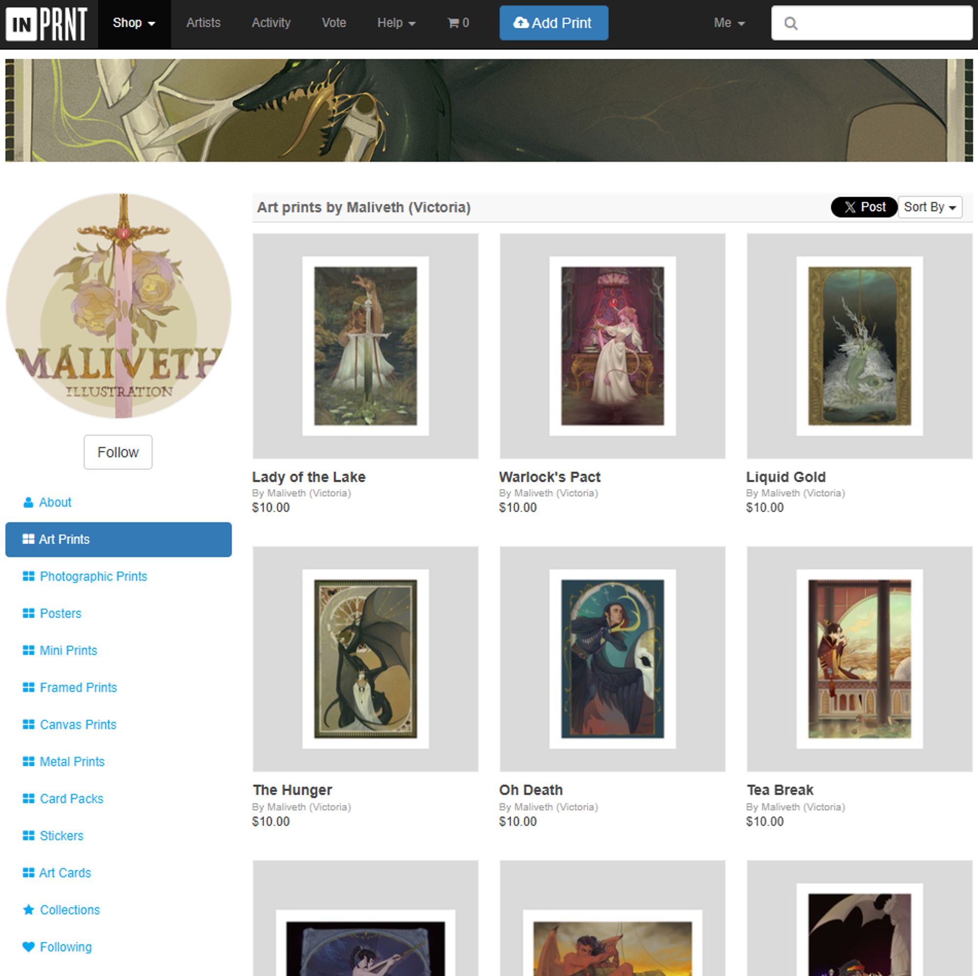 screenshot from Maliveth's Inprnt shop, with art prints available for purchase. Examples include the Lady of the Lake, Vax from Critical Role, and a black dragon piece.