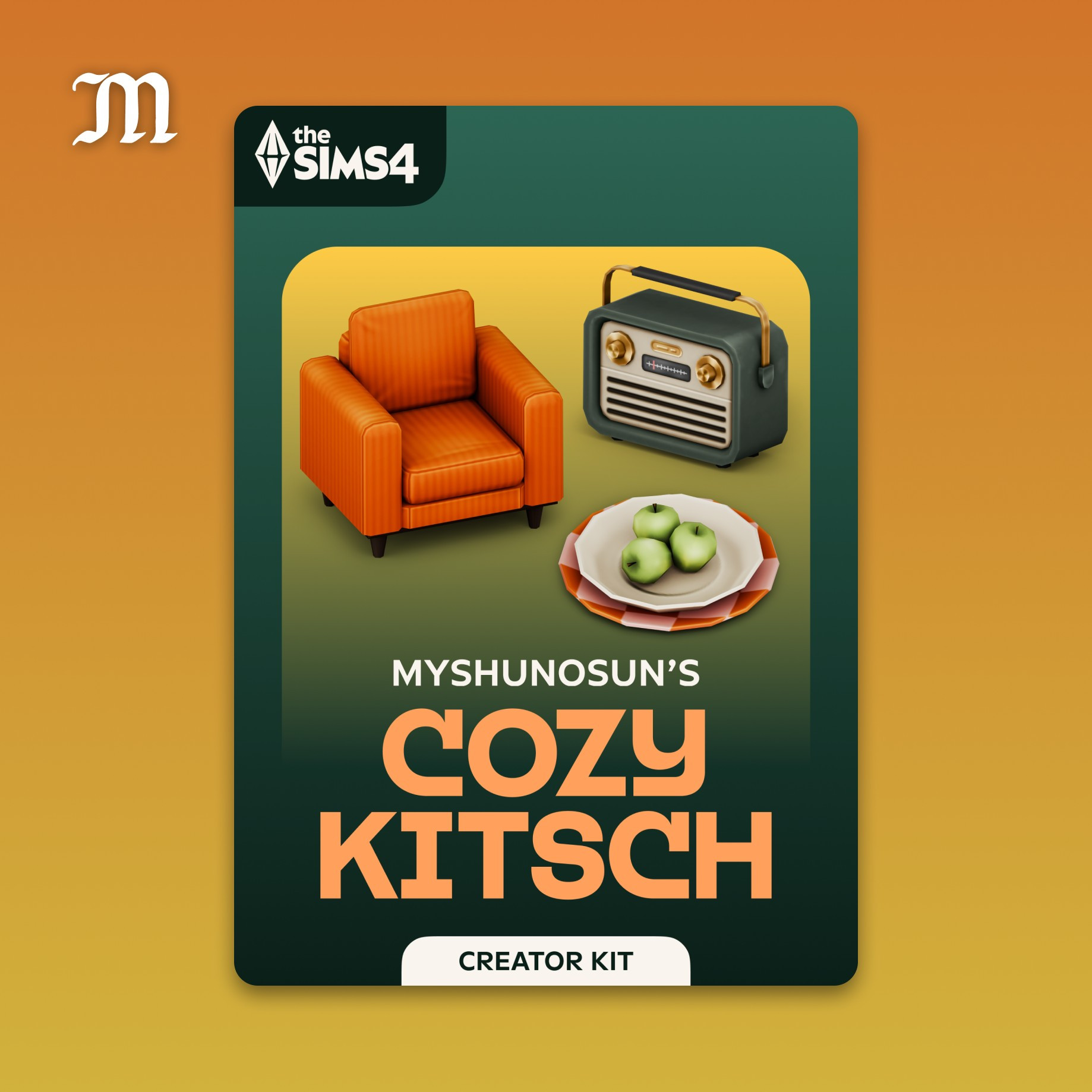 Midcentury modern sofa, vintage radio, and a bowl of fruit. Cover image of The Sims 4 Cozy Kitsch Kit. 