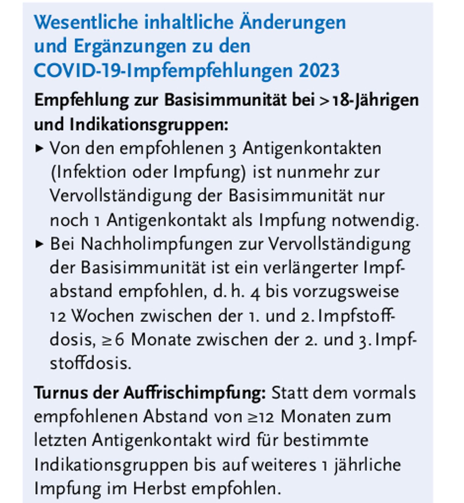 Aus dem Epidemiologischen Bulletin:
Wesentliche inhaltliche Änderungen und Ergänzungen zu den
COVID-19-Impfempfehlungen 2023
Empfehlung zur Basisimmunität bei > 18-Jährigen
und Indikationsgruppen:
▶ Von den empfohlenen 3 Antigenkontakten (Infektion oder Impfung) ist nunmehr zur Vervollständigung der Basisimmunität nur noch 1 Antigenkontakt als Impfung notwendig.
▶ Bei Nachholimpfungen zur Vervollständigung der Basisimmunität ist ein verlängerter Impfabstand empfohlen, d. h. 4 bis vorzugsweise 12 Wochen zwischen der 1. und 2. Impfstoff­dosis, ≥ 6 Monate zwischen der 2. und 3. Impf­stoff­dosis.

Turnus der Auffrischimpfung: Statt dem vormals empfohlenen Abstand von ≥12 Monaten zum letzten Antigenkontakt wird für bestimmte Indikationsgruppen bis auf weiteres 1 jährliche Impfung im Herbst empfohlen.