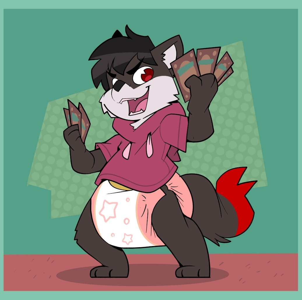 Art by Bubblepuppers of wolf boy Bagel in a hooded shirt and diaper holding a hand of Magic the Gathering cards. On his face is a devious look of over confident joy as he thinks he has this match in the bag.