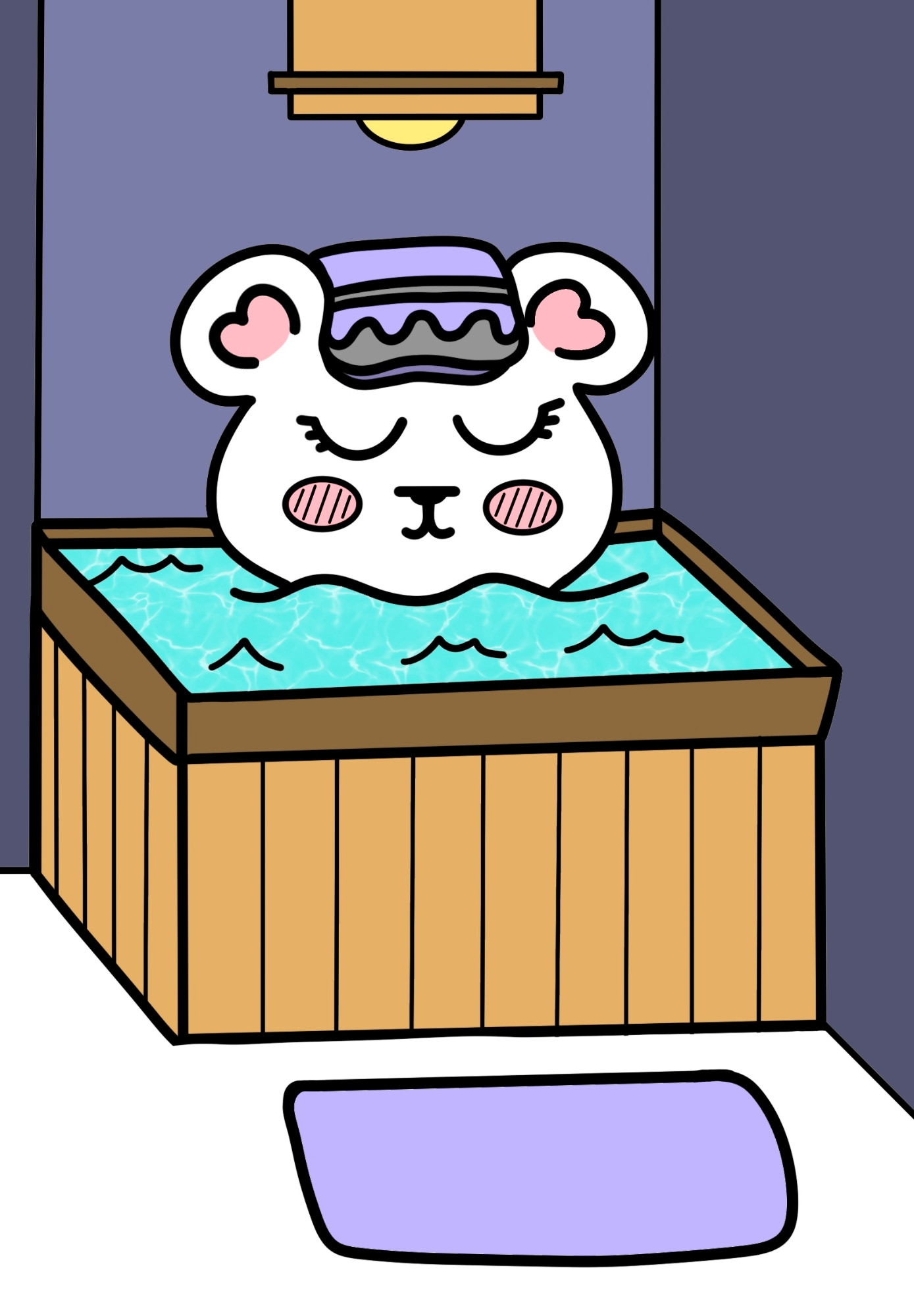 White bear soaking in a japanese bath with a purple towel on their head