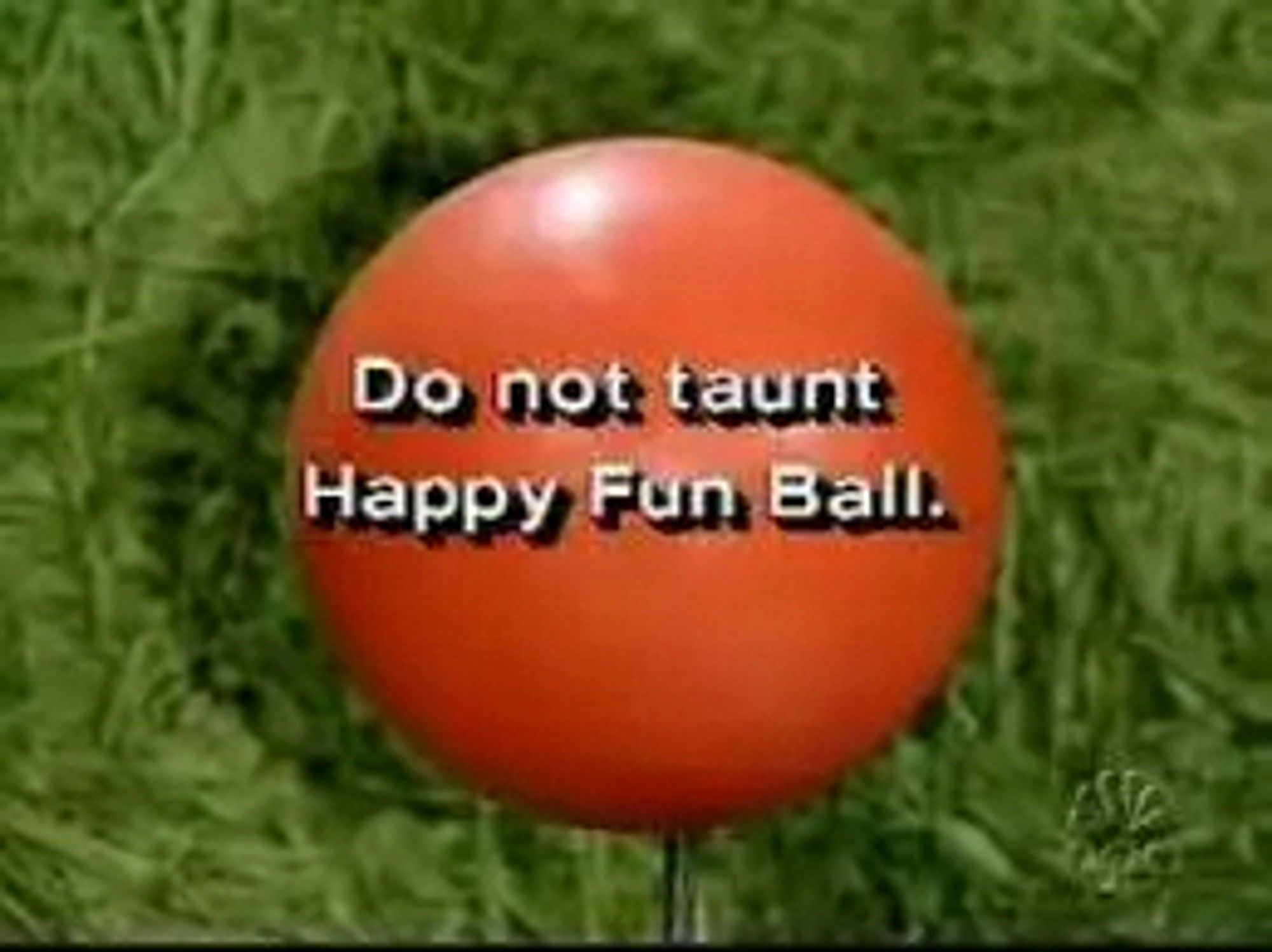 Text of Do not taunt Happy Fun Ball and image of an orange ball