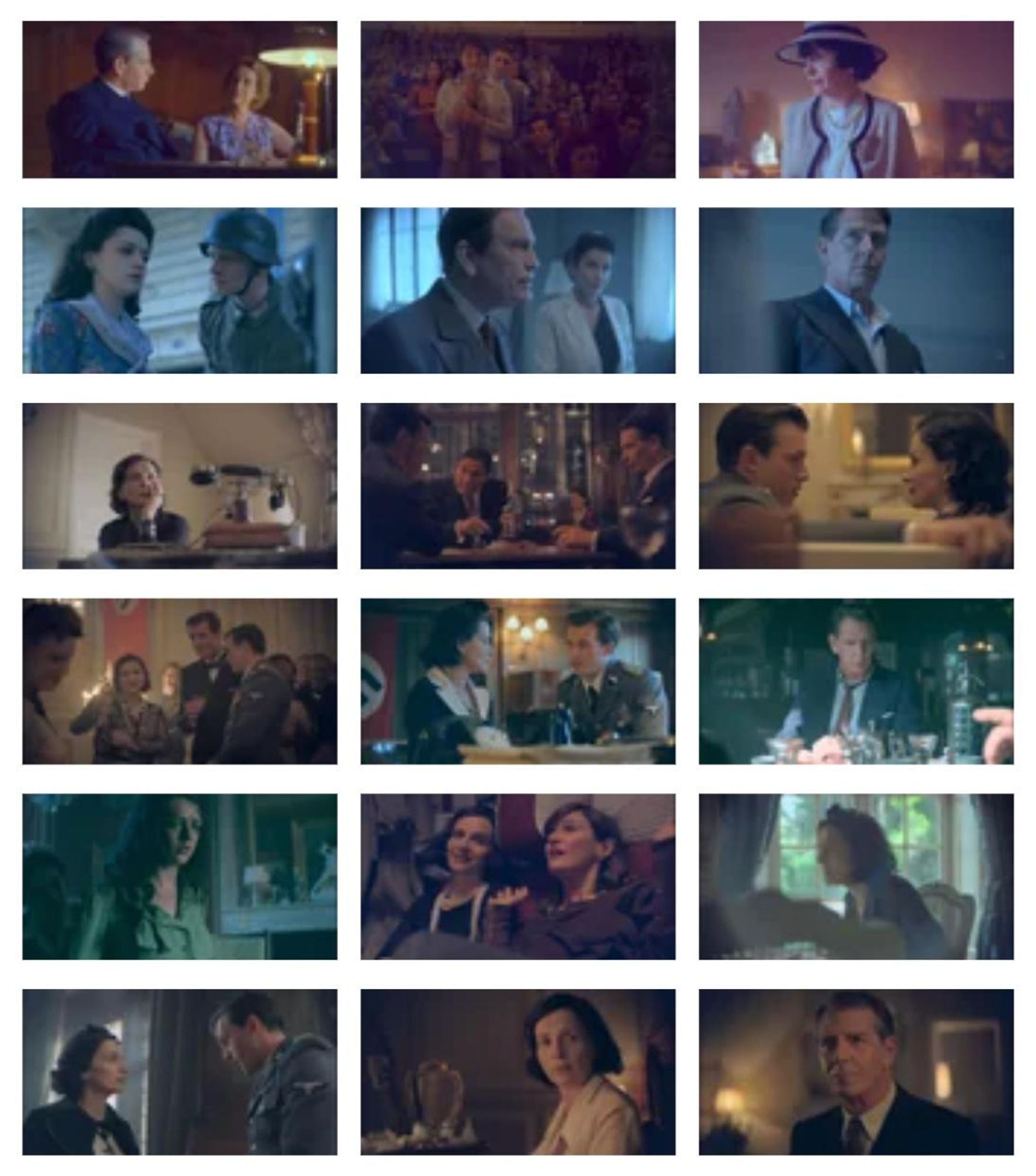 A series of screen captures from the TV show The New Look, each scene with different color grading: some tinted red, some green, orange, some at 9000°K white balance.