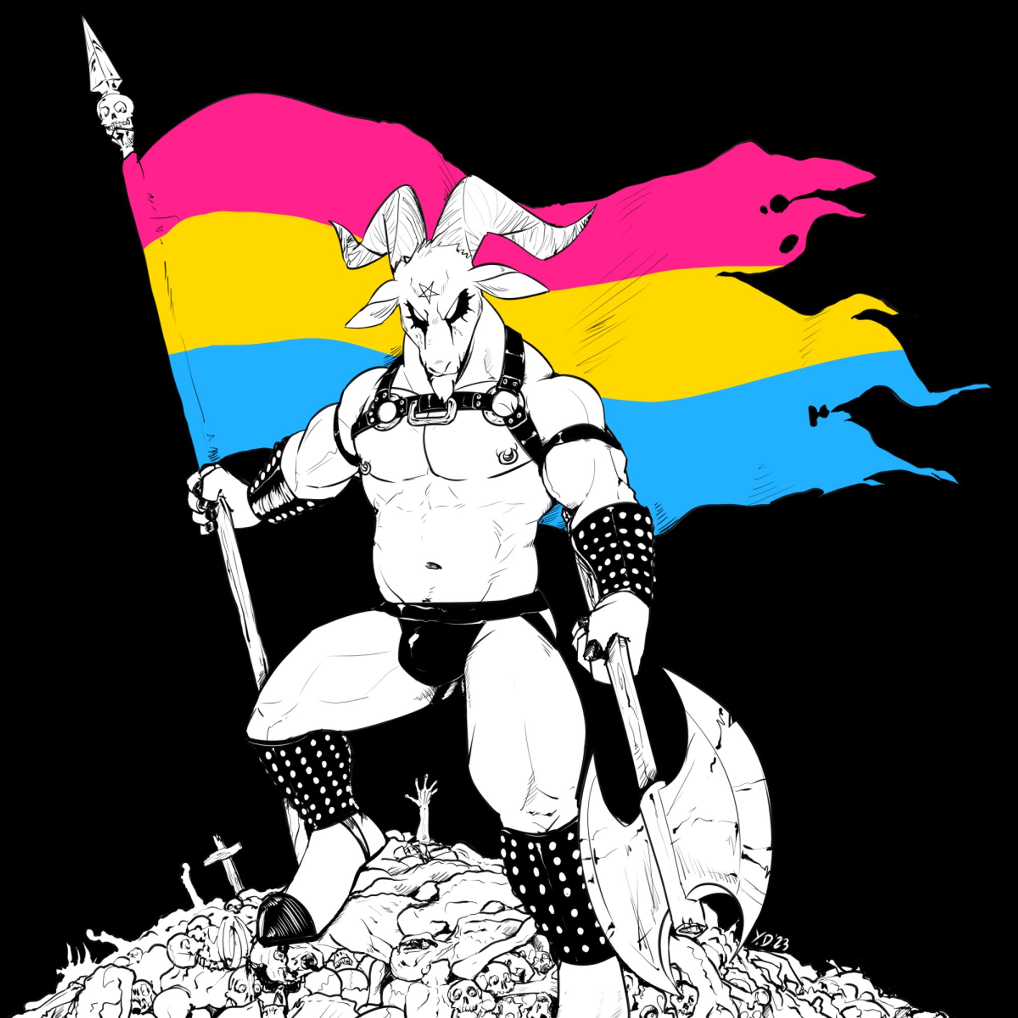 Anthro demonic goat wearing leather harness and jockstrap, holding a flag on top of pile of corpses (rainbow, bi, trans and pan pride respectively)