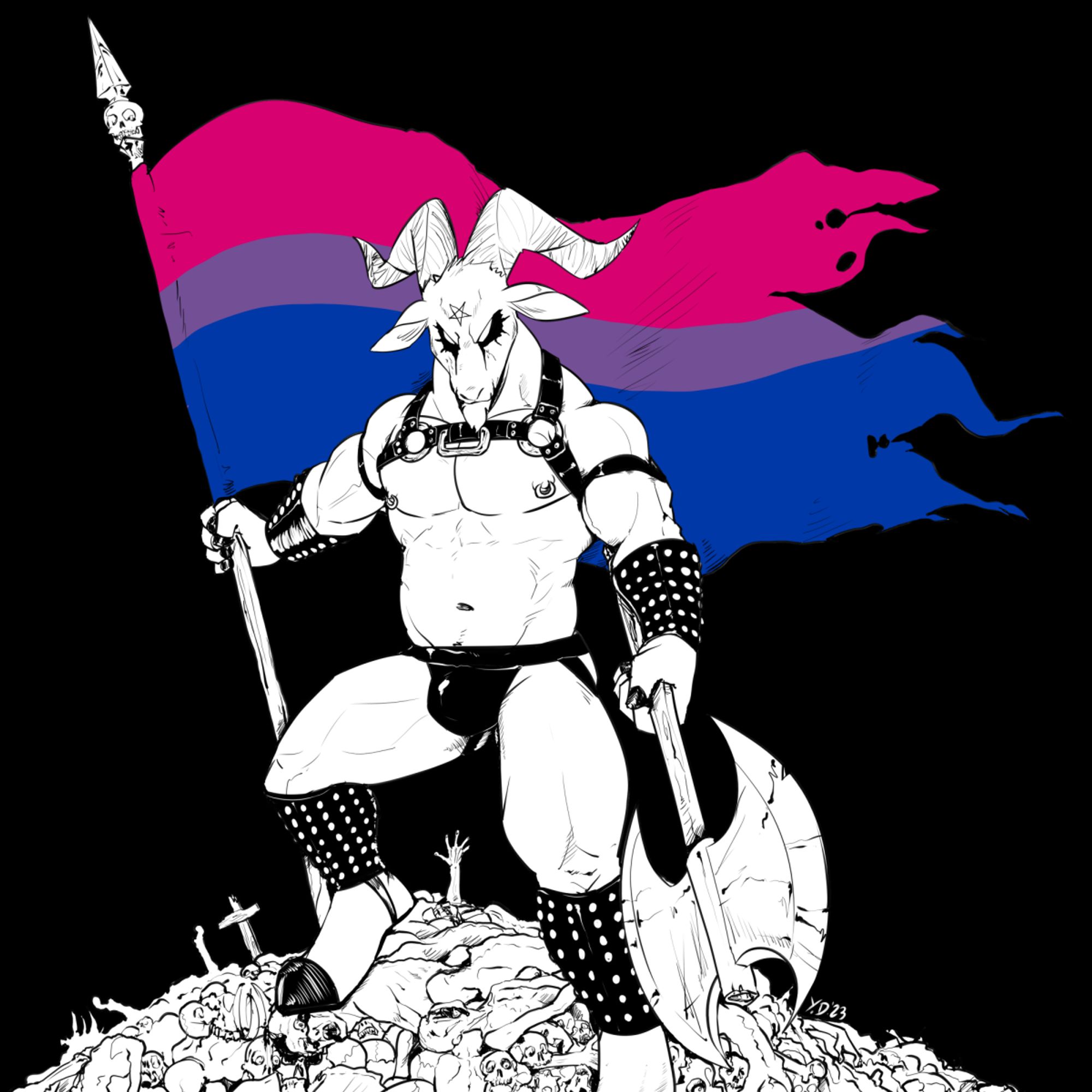 Anthro demonic goat wearing leather harness and jockstrap, holding a flag on top of pile of corpses (rainbow, bi, trans and pan pride respectively)