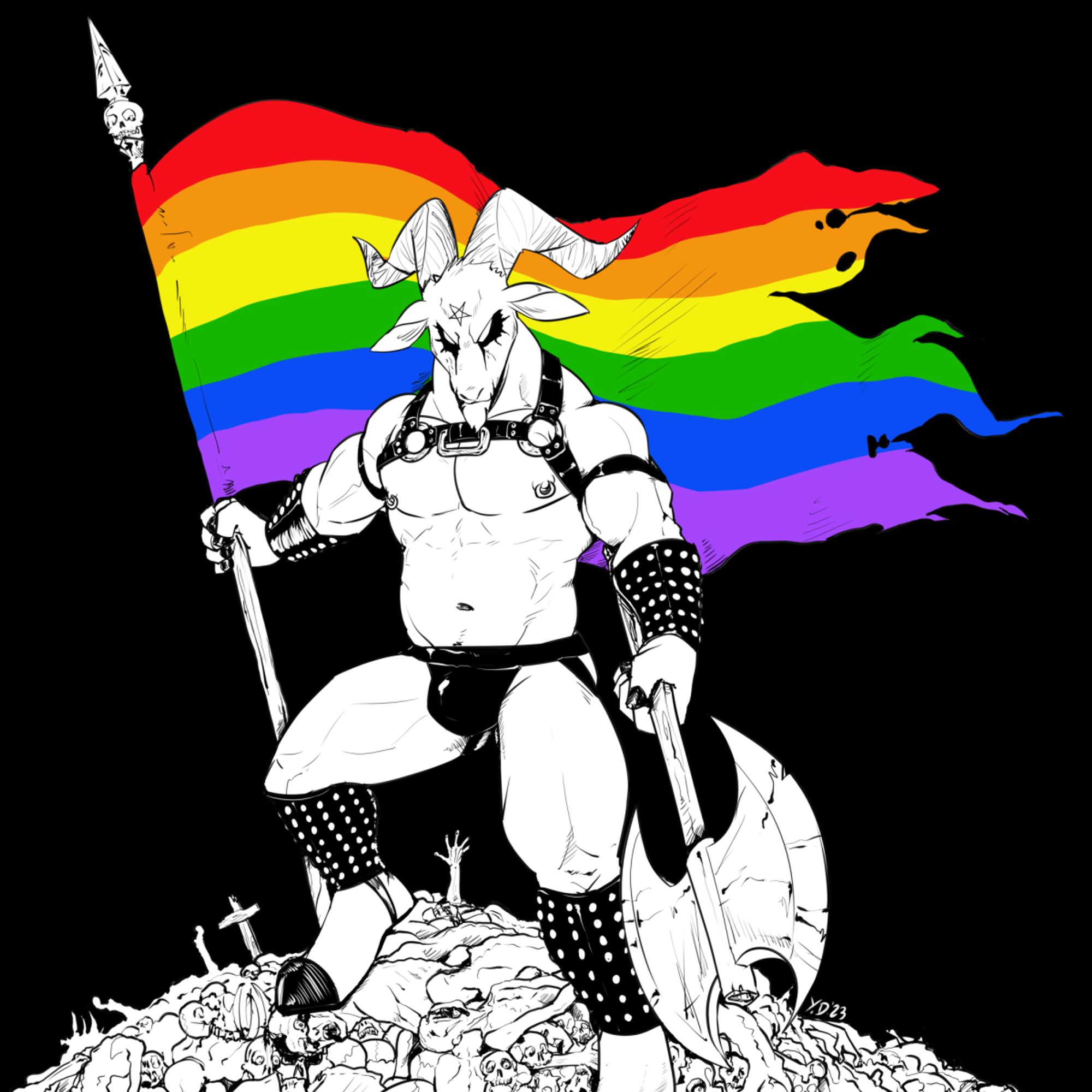 Anthro demonic goat wearing leather harness and jockstrap, holding a flag on top of pile of corpses (rainbow, bi, trans and pan pride respectively)