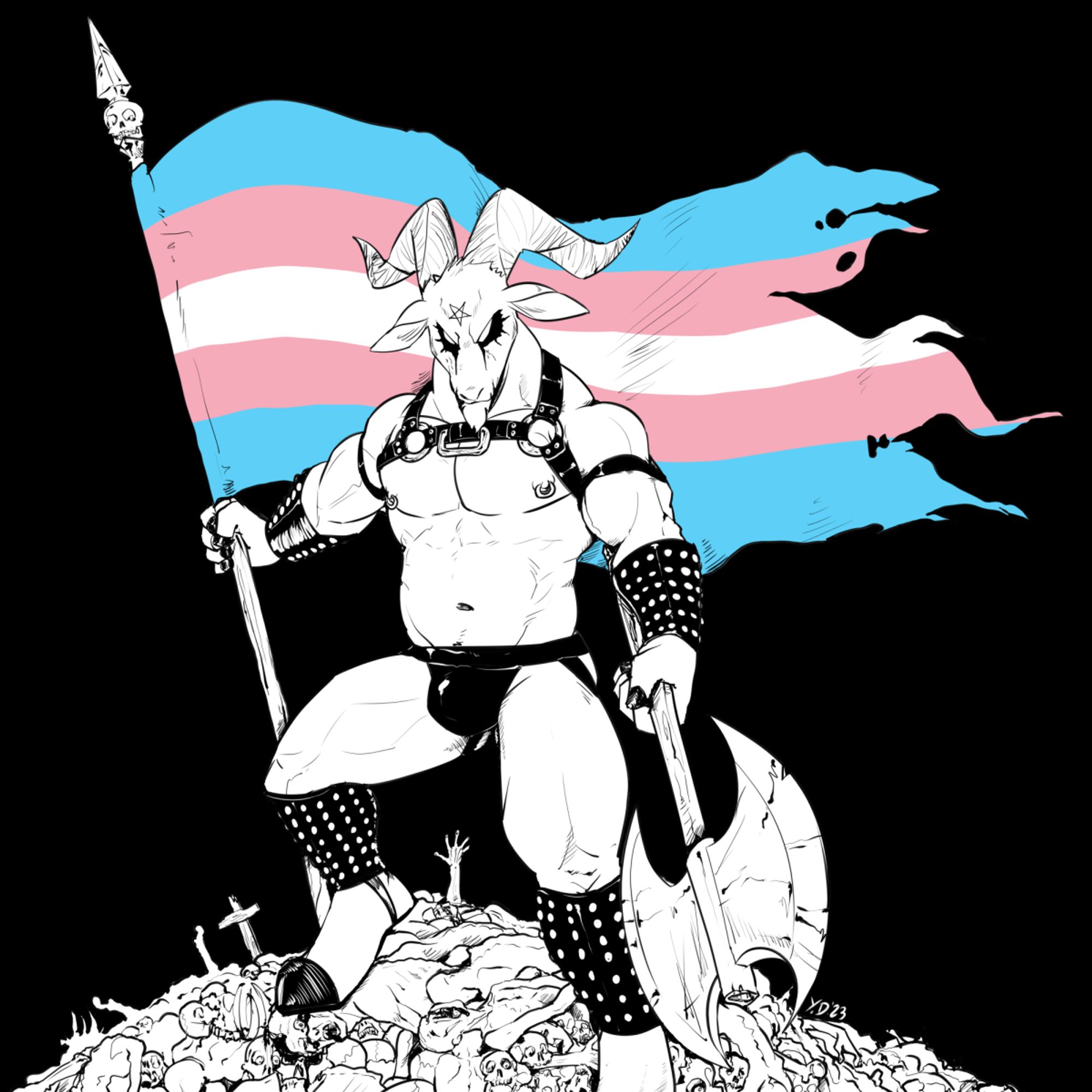 Anthro demonic goat wearing leather harness and jockstrap, holding a flag on top of pile of corpses (rainbow, bi, trans and pan pride respectively)