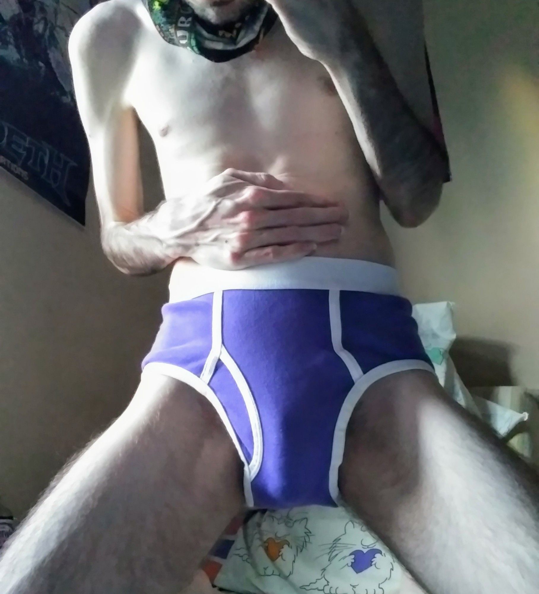 male torso wearing purple American Apparel briefs