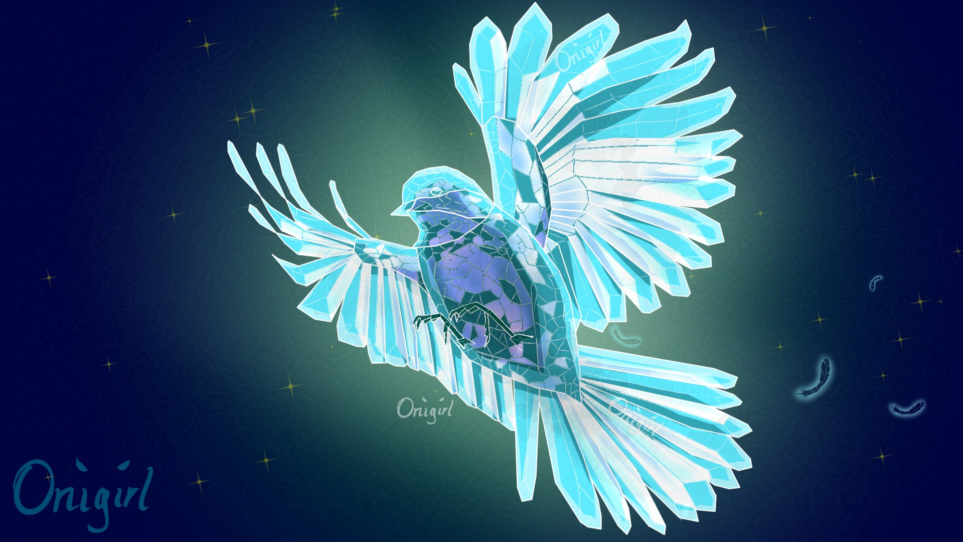 Light blue and purple crystalline bird, wings spread mid flight, on dark blue background, made by Onigirl