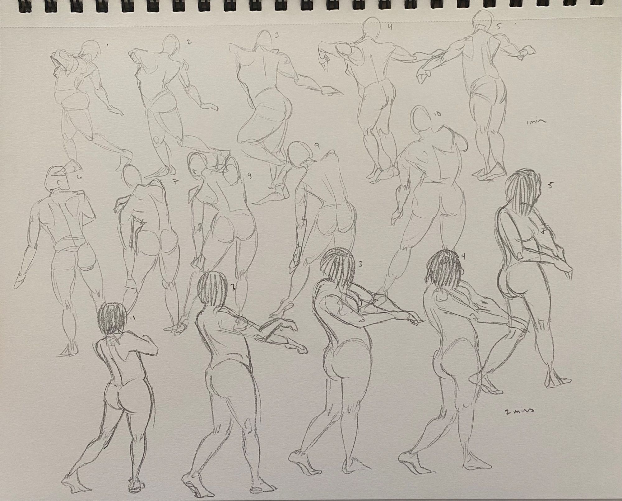 figure drawings done in pencil. ten 1-minute sketches and five 2-minute