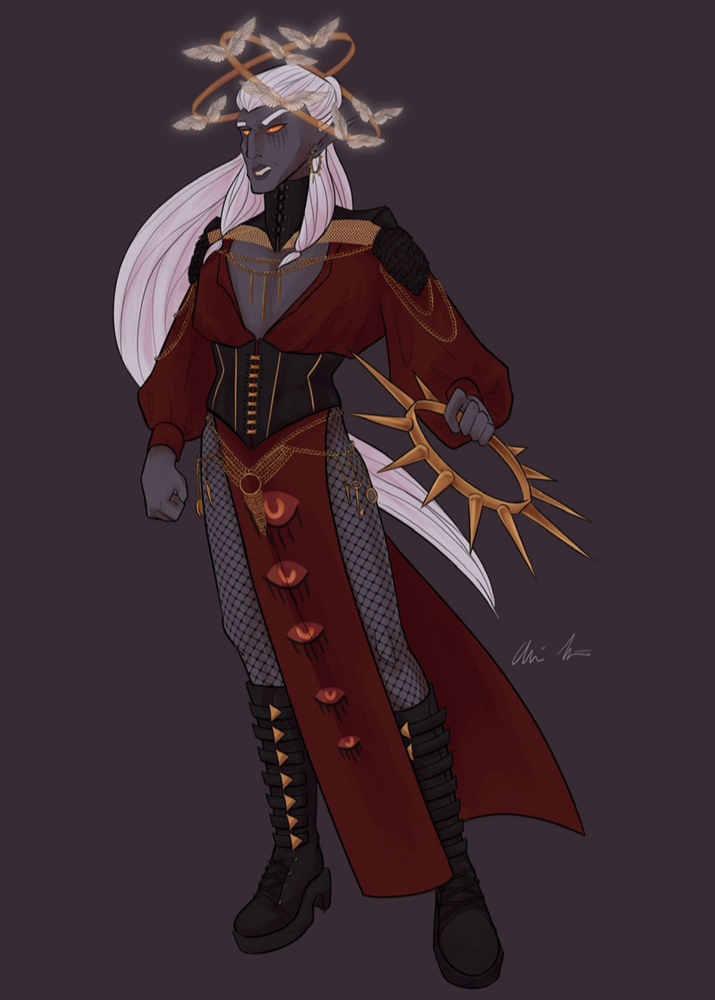 a colored digital drawing of visenya, an aasimar with grey skin, long white hair, and pupilless orange eyes. they’re wearing fishnets, knee-high combat boots, a red dress open at the chest and with slits up to their hips, a black corset with gold hardware, a tall black choker laced up at their neck, and a set of scale mail pauldrons draped with golden chainmaille. they have sets of golden chains crossing over their body and are wielding a spiked golden chakram in one hand. a pair of ethereal winged halos cross over her forehead