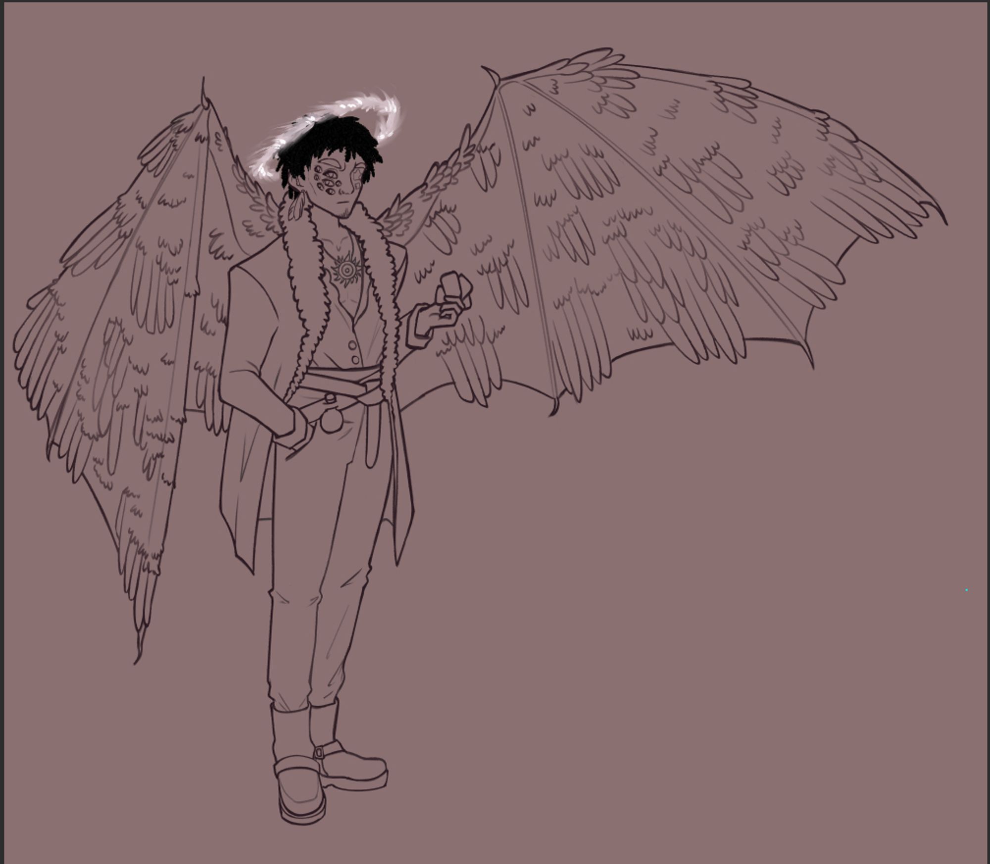 a digital linework piece of a tall, slim aasimar man with dark locs, 7 eyes on one side of his face, and leathery bat wings that are regrowing feathers. he’s wearing an amulet of a sunburst on his chest and holds a few cards in one hand. his other hand is slipped into his pocket and he looks at the viewer with a serious expression on his face