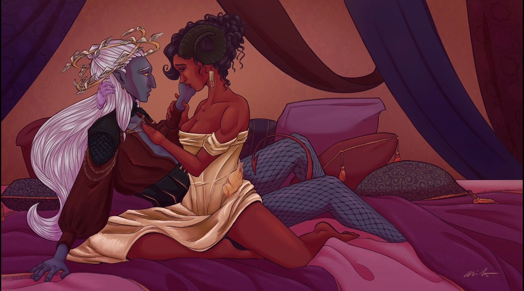 a digital drawing of two people embracing on a bed. they gaze into each others eyes. the person on the left, visenya, is a grey-skinned aasimar with a double halo, pupilless amber eyes, and long straight white hair. they wear a wine red shirt open over a flat chest, a black corset and pauldrons, and fishnets. the person on the right, desireè, is a tiefling with red skin, golden eyes with black sclera, and dark curly hair. she is wearing a gold dress and ornate gold earrings. their surroundings are plush and toned in purples, reds, and gold accents. visenya is an aasimar sorcerer/paladin and desireè is a tiefling sorcerer/bard/rogue