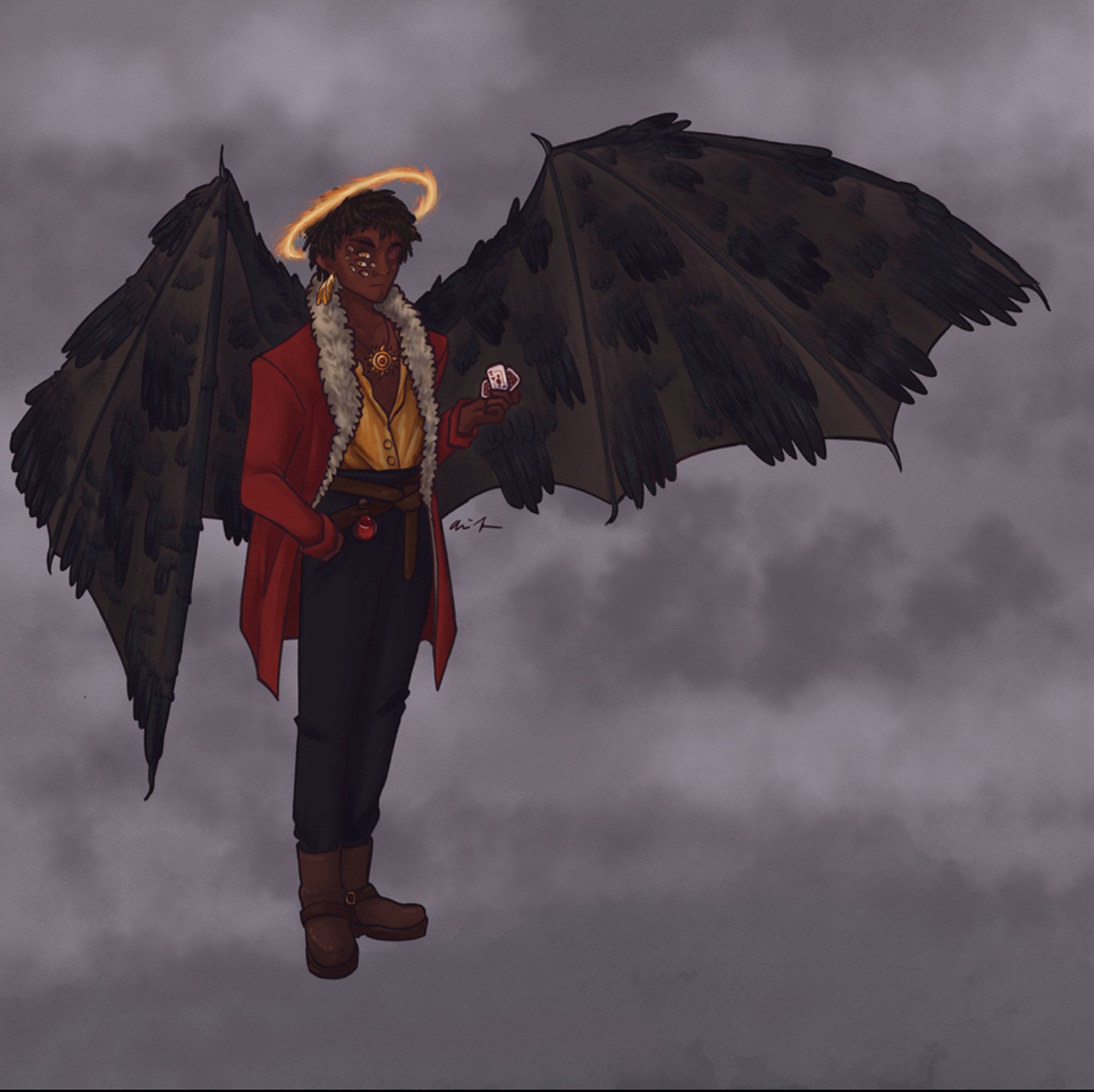 a digital drawing of rokar, a fallen aasimar with warm brown skin, 7 golden eyes, a fiery halo, and a pair of moulting bat wings. he’s holding some playing cards and wears red, gold, and black clothes. around his neck is the holy symbol of ravenkind