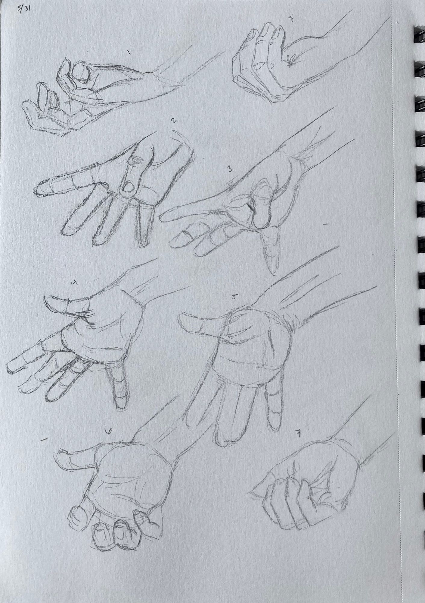 7 drawings of hands done in pencil. approximately 3 minutes for each