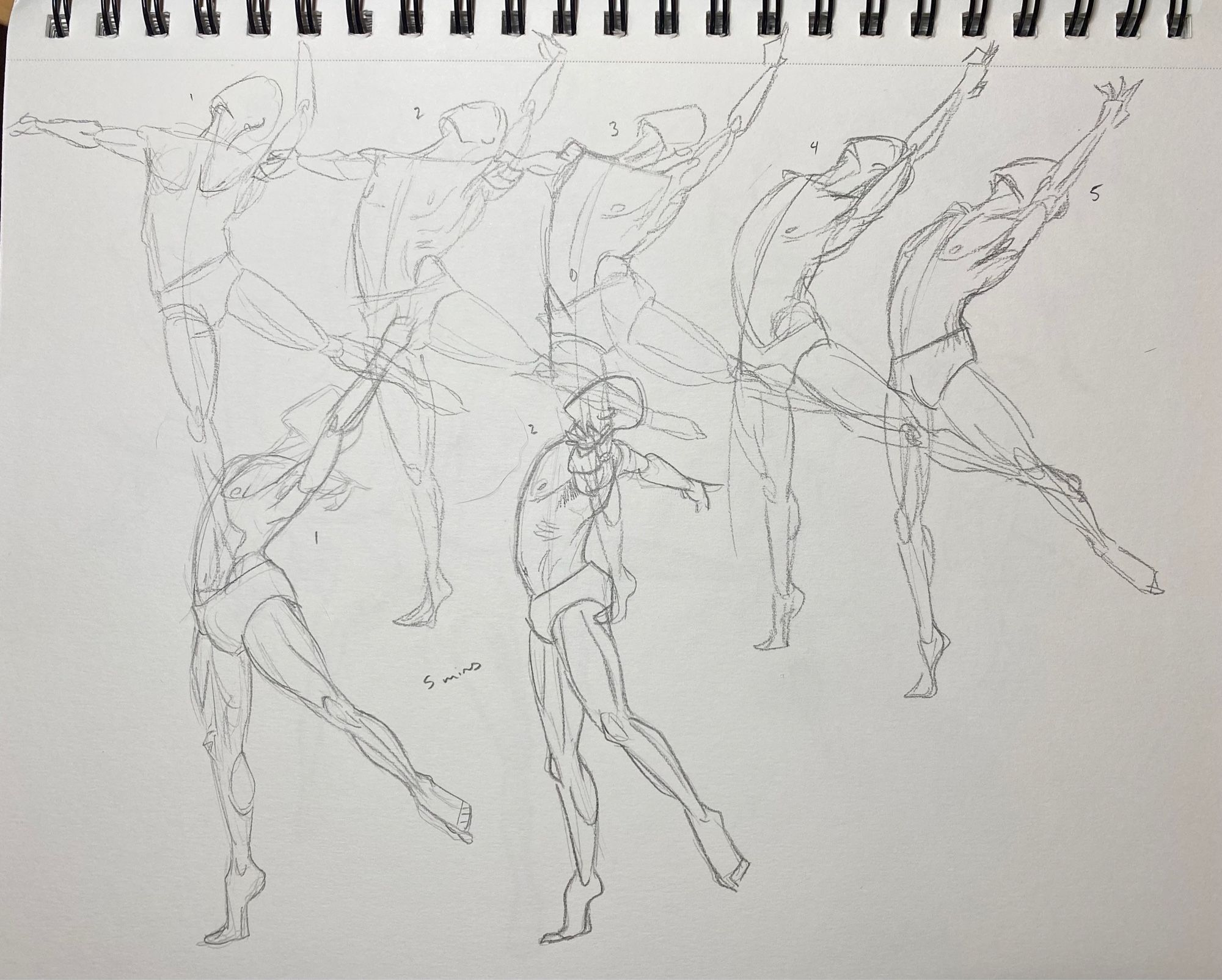 five 2-min figure drawings and two 5-min figure drawings in pencil