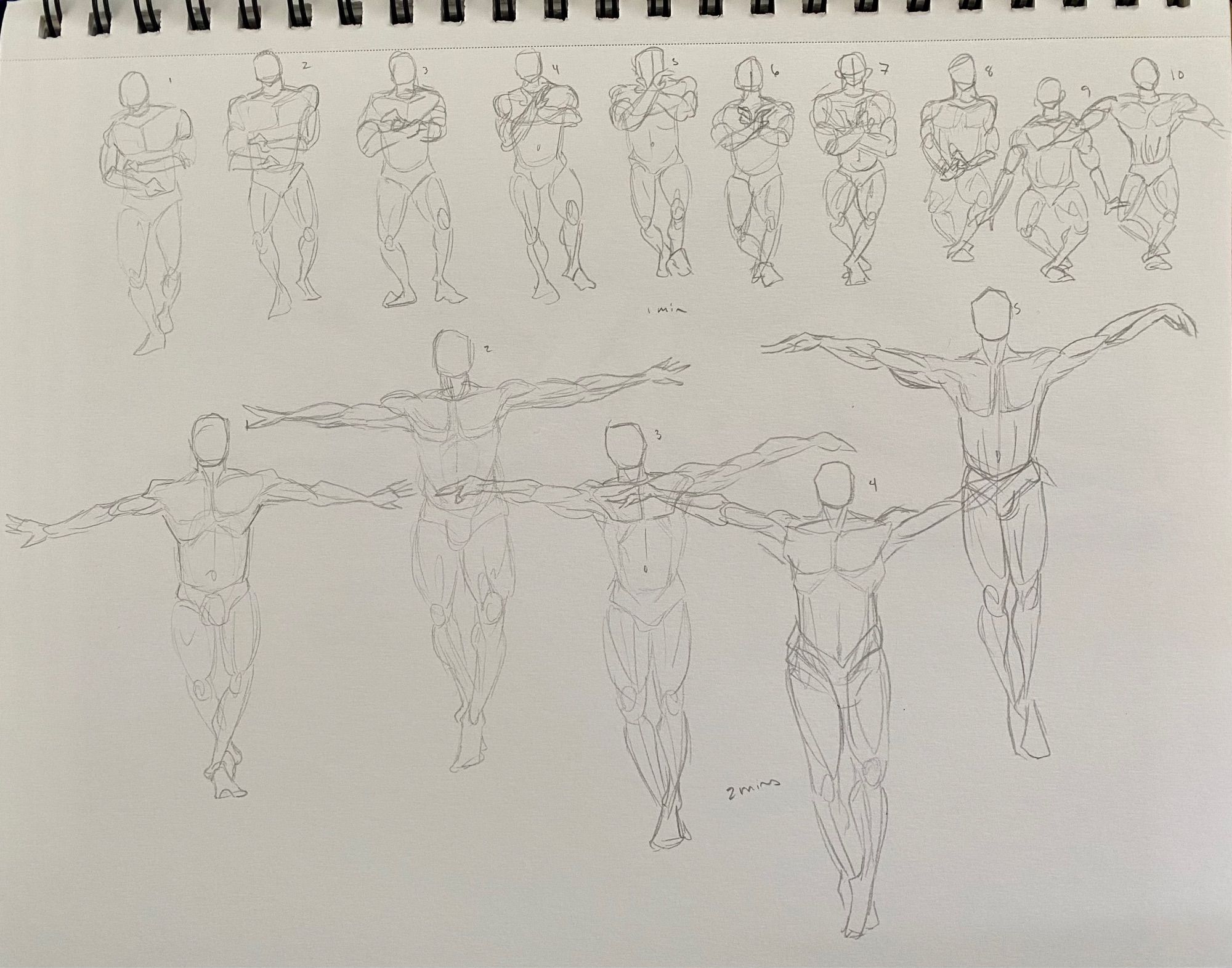 ten 1-min figure drawings and five 2-min figure drawings in pencil