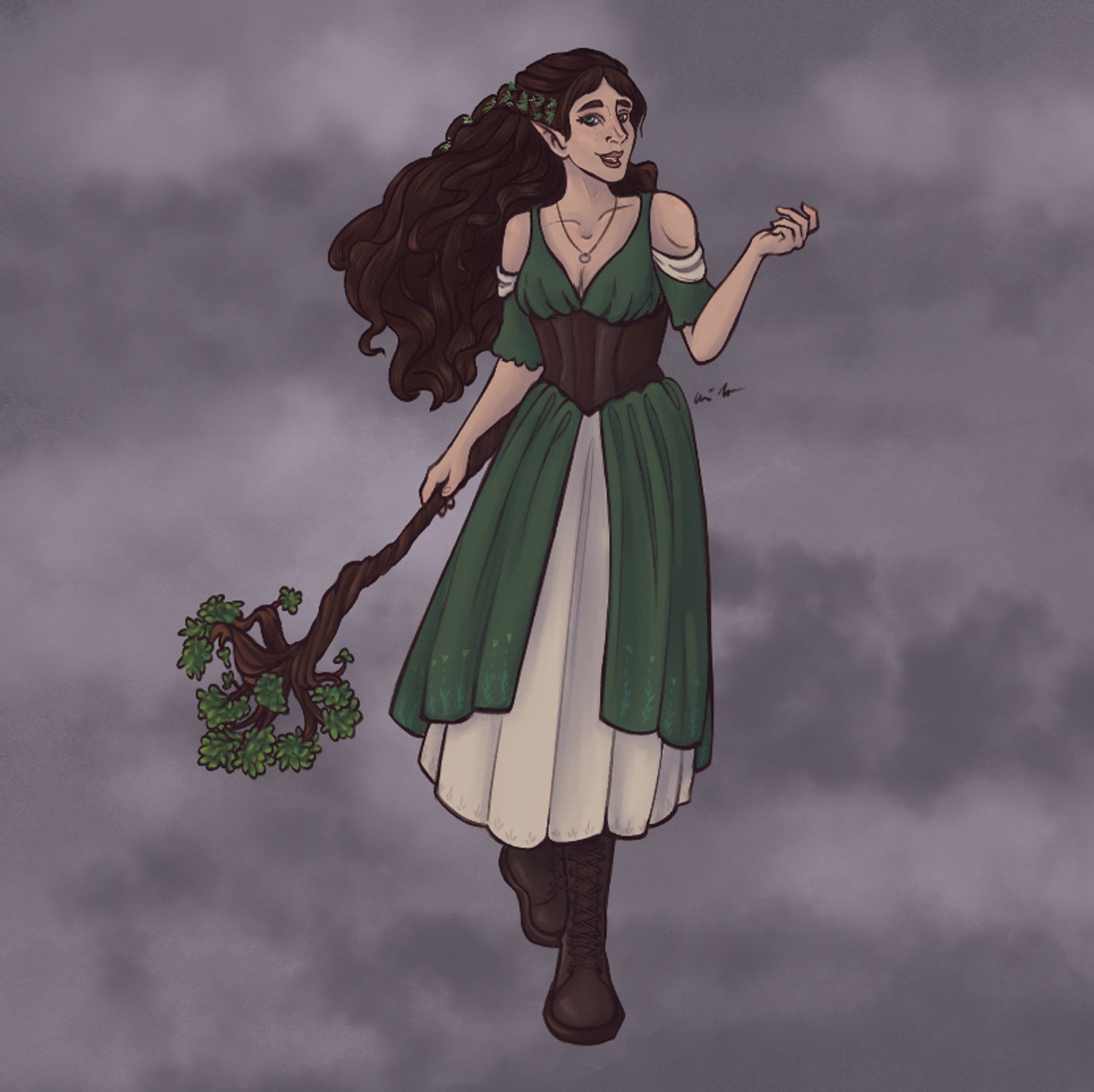 a digital drawing of valeria, a half elf druid with long brown hair interwoven with greenery. she has pale freckled skin and wears a corseted  green dress over white petticoats and brown boots. she wields a staff that looks like a small tree and wears an old ring on a necklace