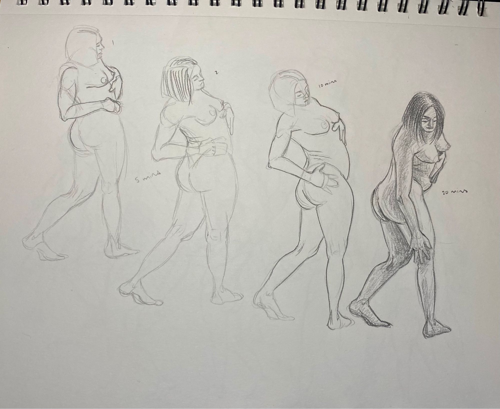 figure drawings done in pencil. two 5-minute, one 10-minute, and one 20-minute