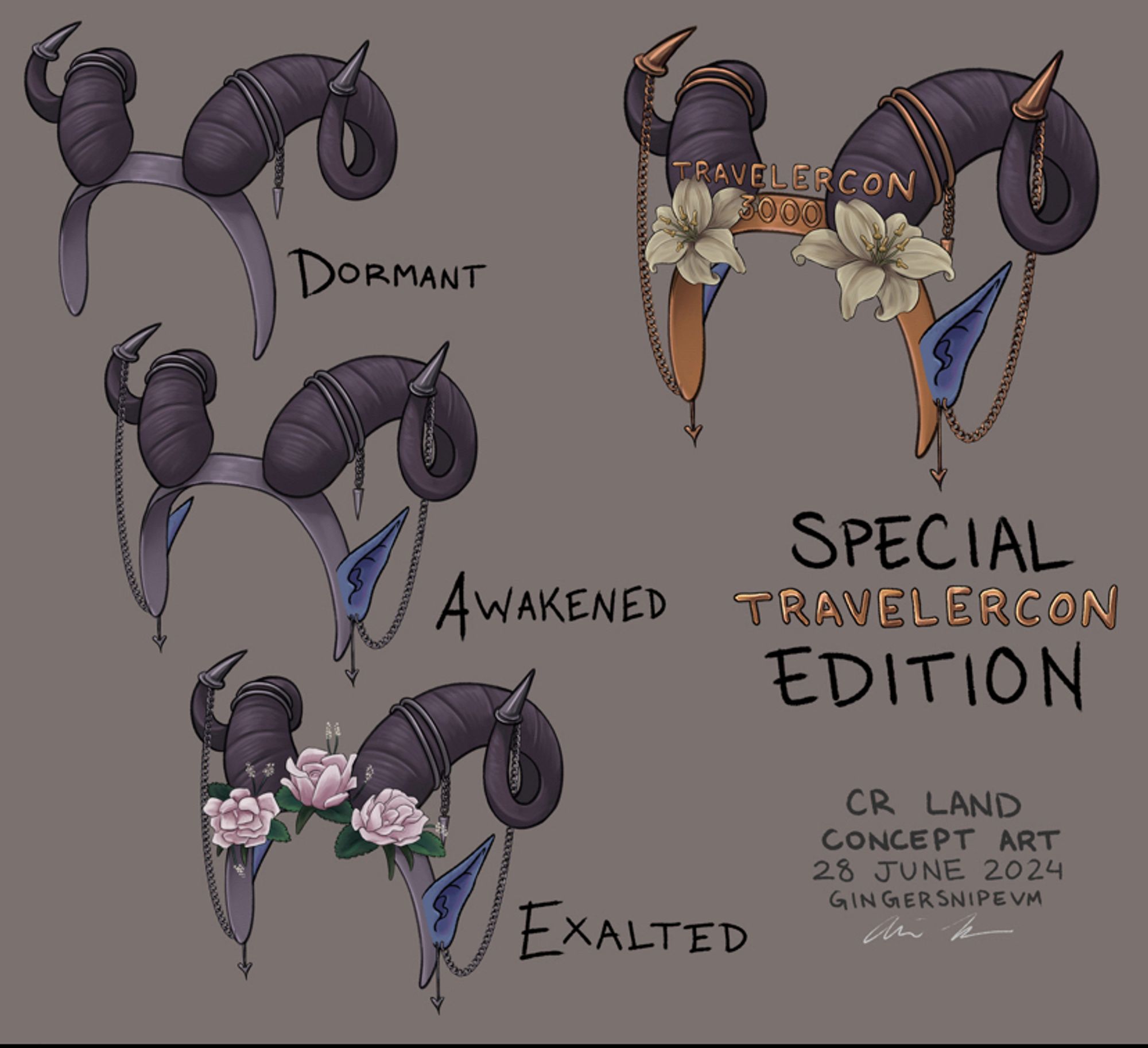 digital concept art of four different pairs of headbands with horns attached. dormant, the most basic pair with just horns and a little bit of jewelry; awakened which adds blue pointy ears and some longer chains; exalted which adds flowers and leaves to the headband; and the special travelercon edition which is in gold and has letters that read “travelercon 300” as well as lilies which have penis-shaped stamen. words read “CR Land concept art 28 june 2024 gingersnipevm”